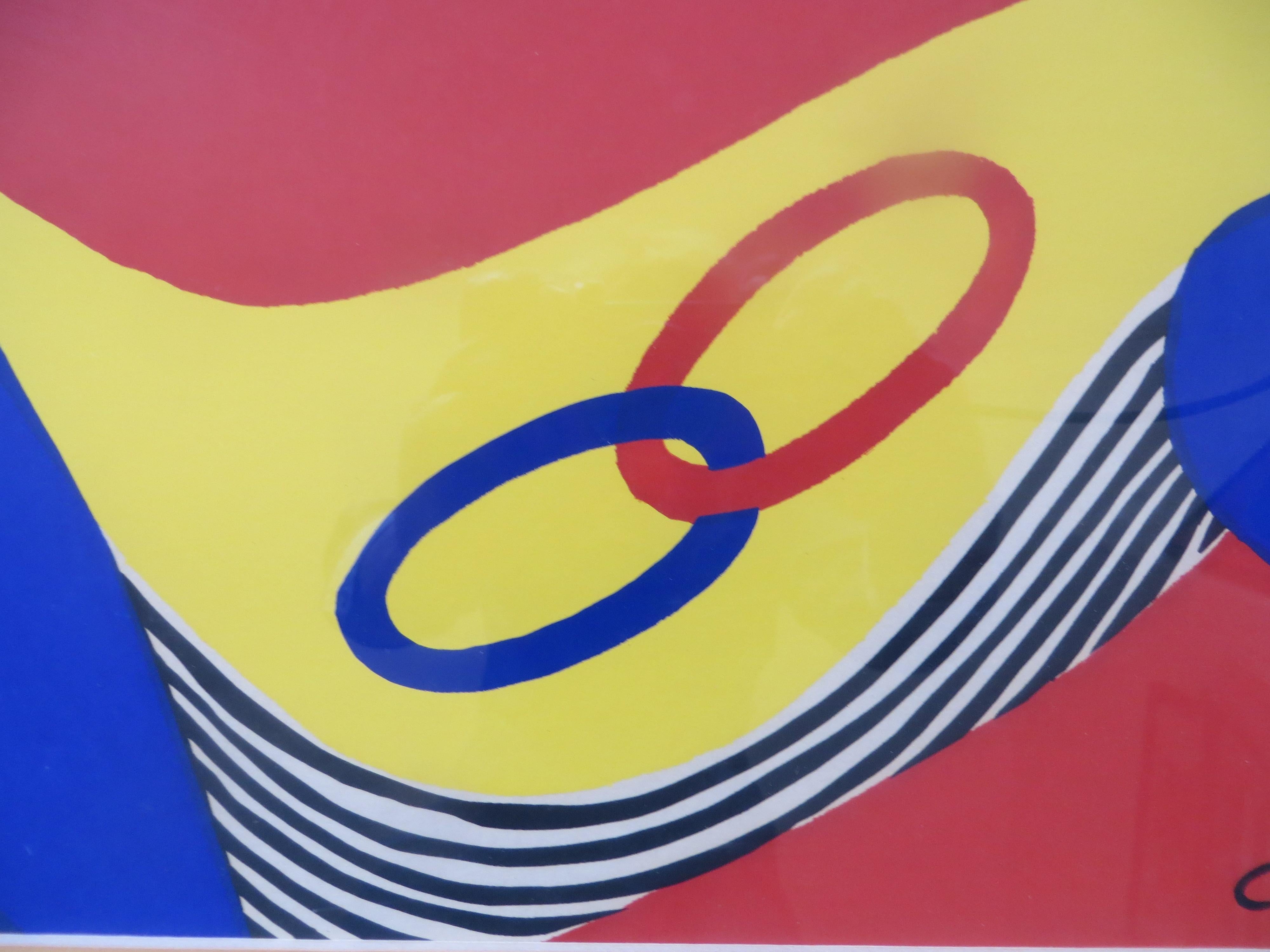 
Colorful Alexander Calder lithograph on Arches paper.Limited Edition 250/375 
Signed end dated in plate lower right.Alexander Calder was an American sculptor known both for his innovative mobiles that embrace chance in their aesthetic, and static