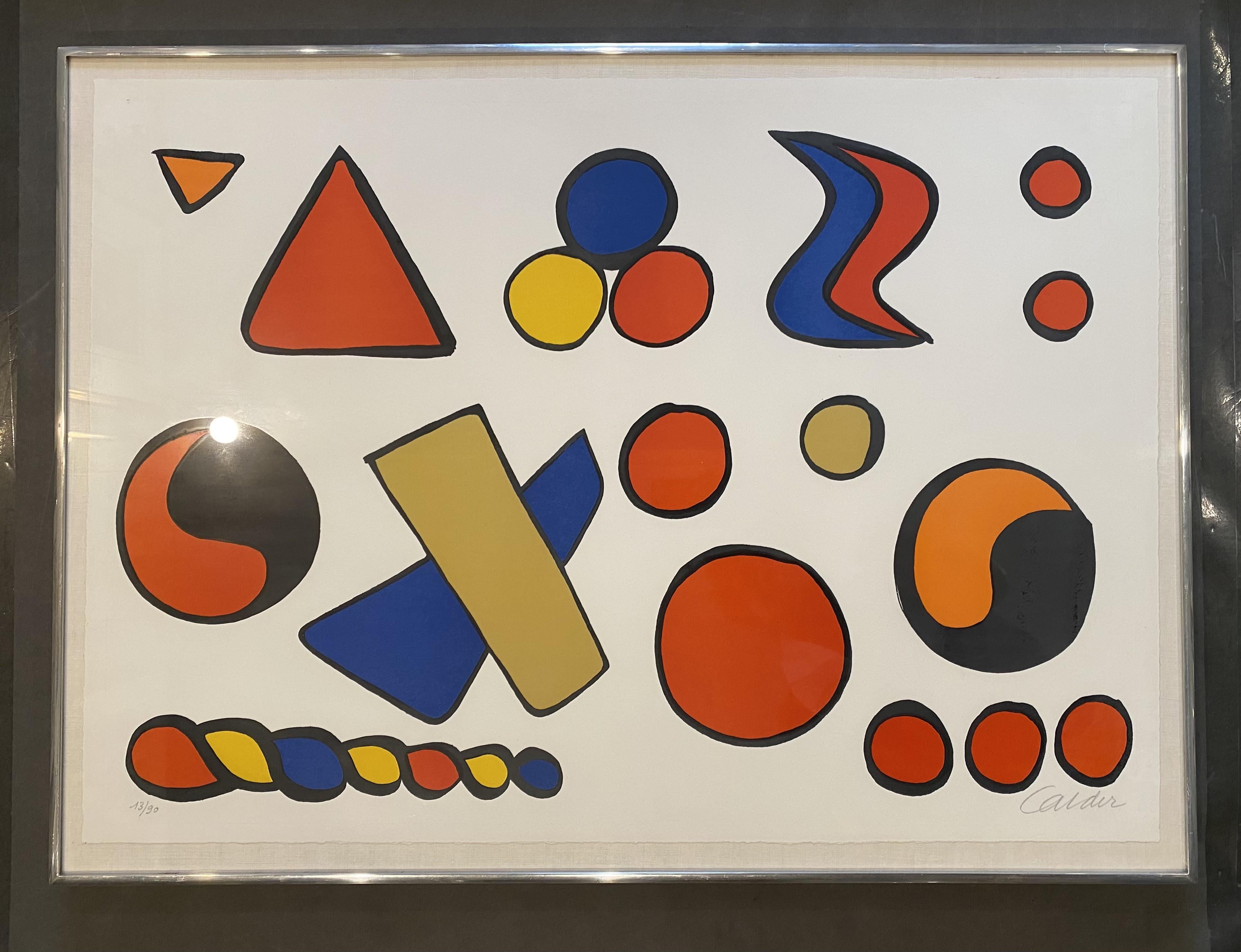 Artist: Alexander Calder
Medium: Lithograph
Title: Composition aux formes Géométriques
Year: 1965
Edition: 13/90
Framed Size: 31 1/2