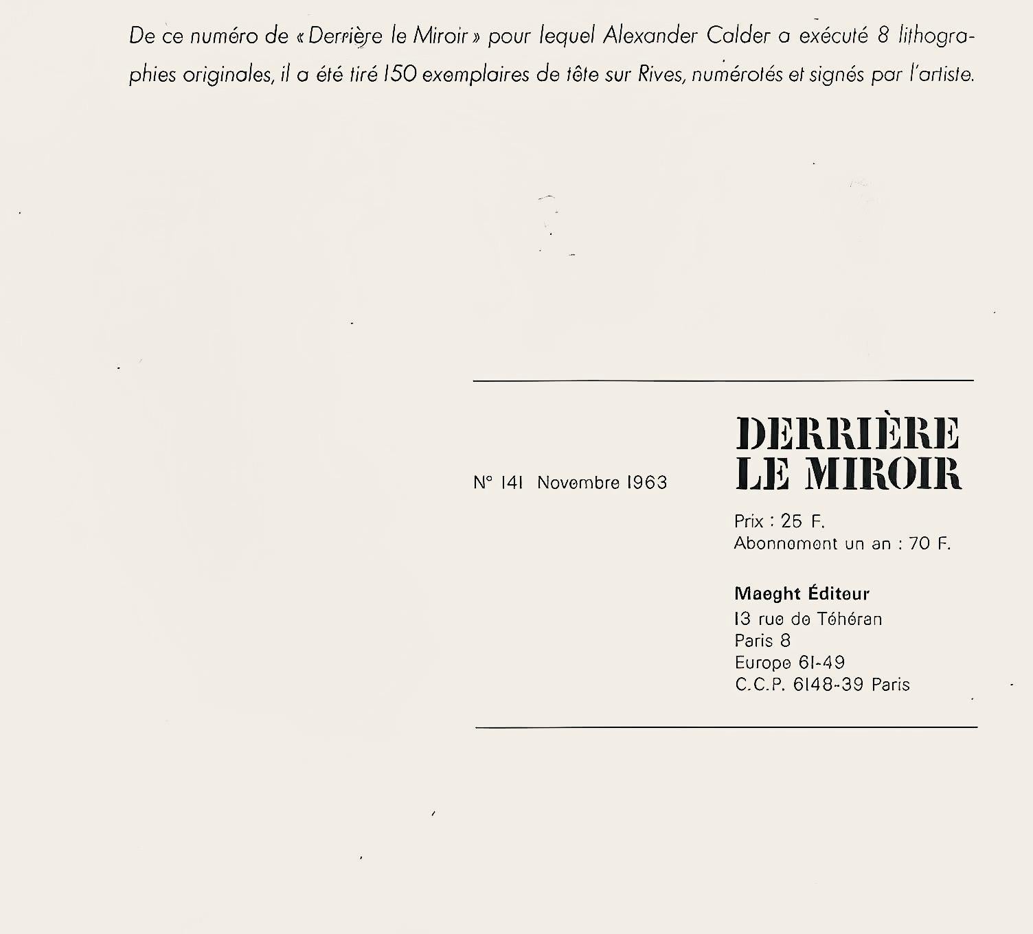 Lithograph on vélin paper. Paper Size: 15 x 22 inches, with centerfold, as issued. Inscription: Unsigned and unnumbered, as issued. Notes: From  the folio, Derrière le miroir, N° 141, 1963. Published by Aimé Maeght, Éditeur, Paris; printed by