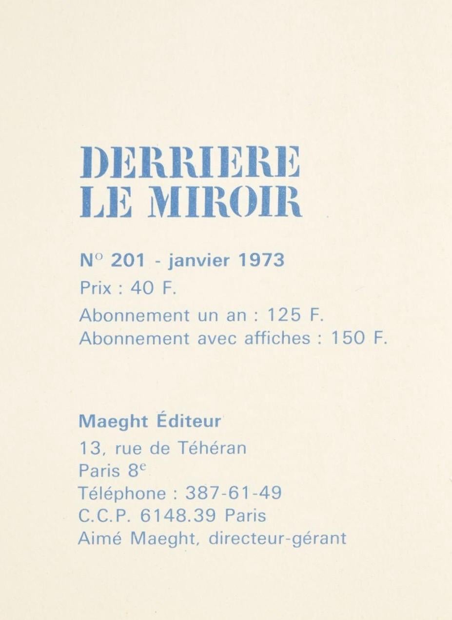 Litografía sobre papel vélin. Tamaño del papel: 15 x 22 pulgadas, con pliegue central, tal como se publicó. Inscripción: Sin firmar y sin numerar, tal como se emitió. Notas: Del folio, Derrière le miroir, nº 201, 1973. Publicado por Aimé Maeght,