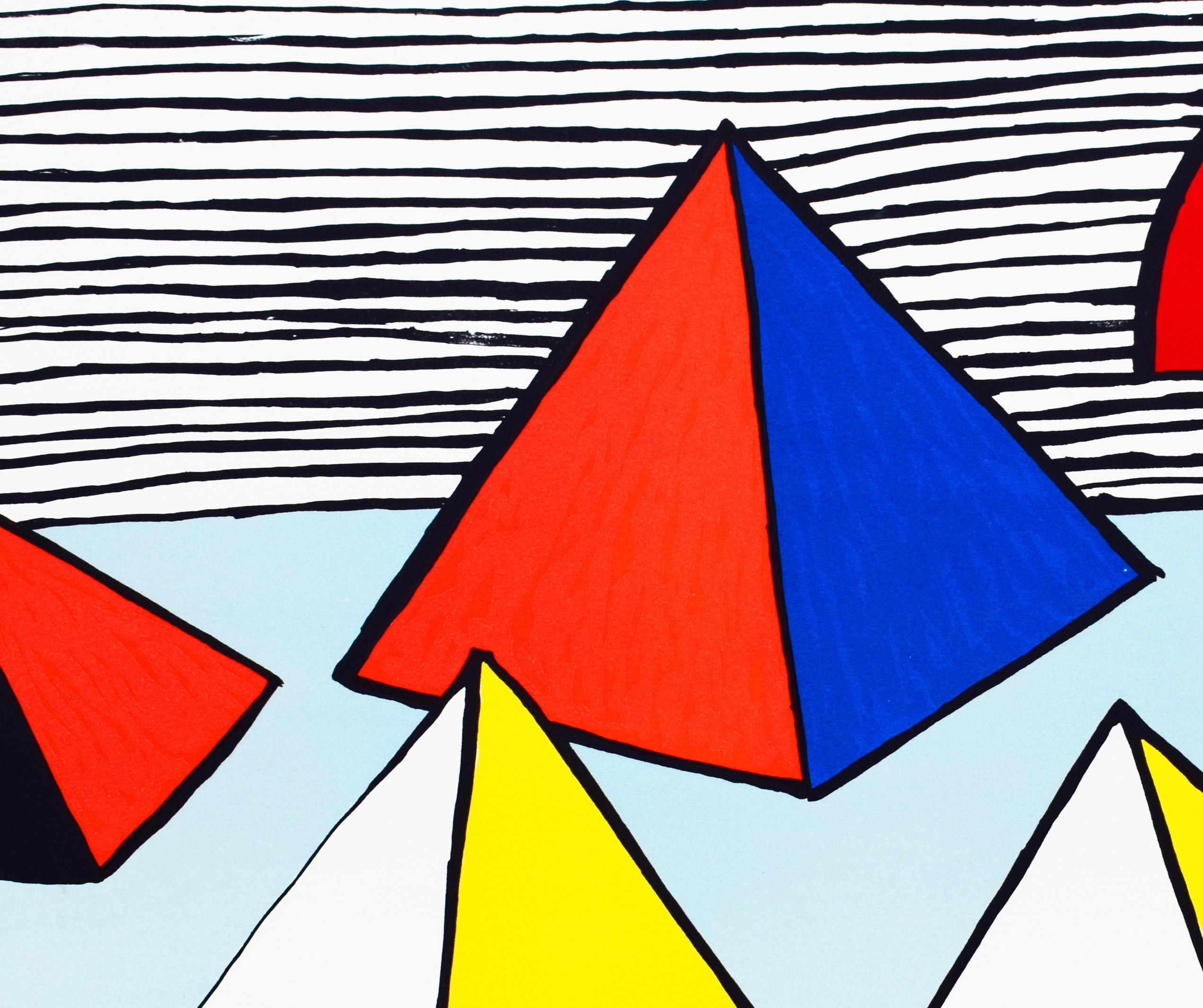 This original lithograph in colours is hand signed in pencil by the artist “Calder” at the lower right image. 
It is also hand numbered in pencil from the edition of 100, at the lower left image.
This subject is the third composition of twelve from