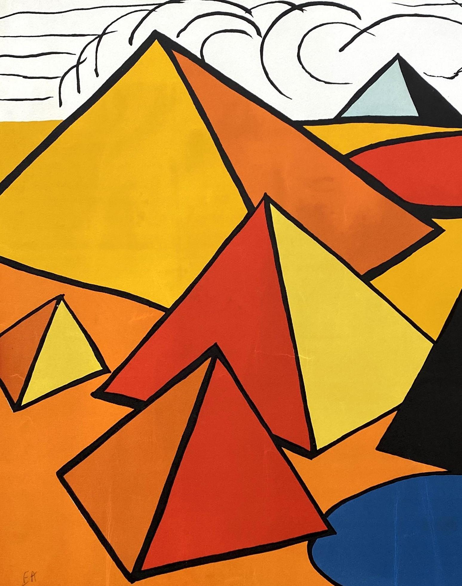 Alexander CALDER
Egypt, Multicolored Pyramids

Original lithograph, c. 1970
Hand signed in pencil
Annotated EA (epreuve d'artiste / artist proof)
On vellum size 75 x 110 cm (c. 29 x 43 in)
Fair condition (some fold and colors lightly darkened over