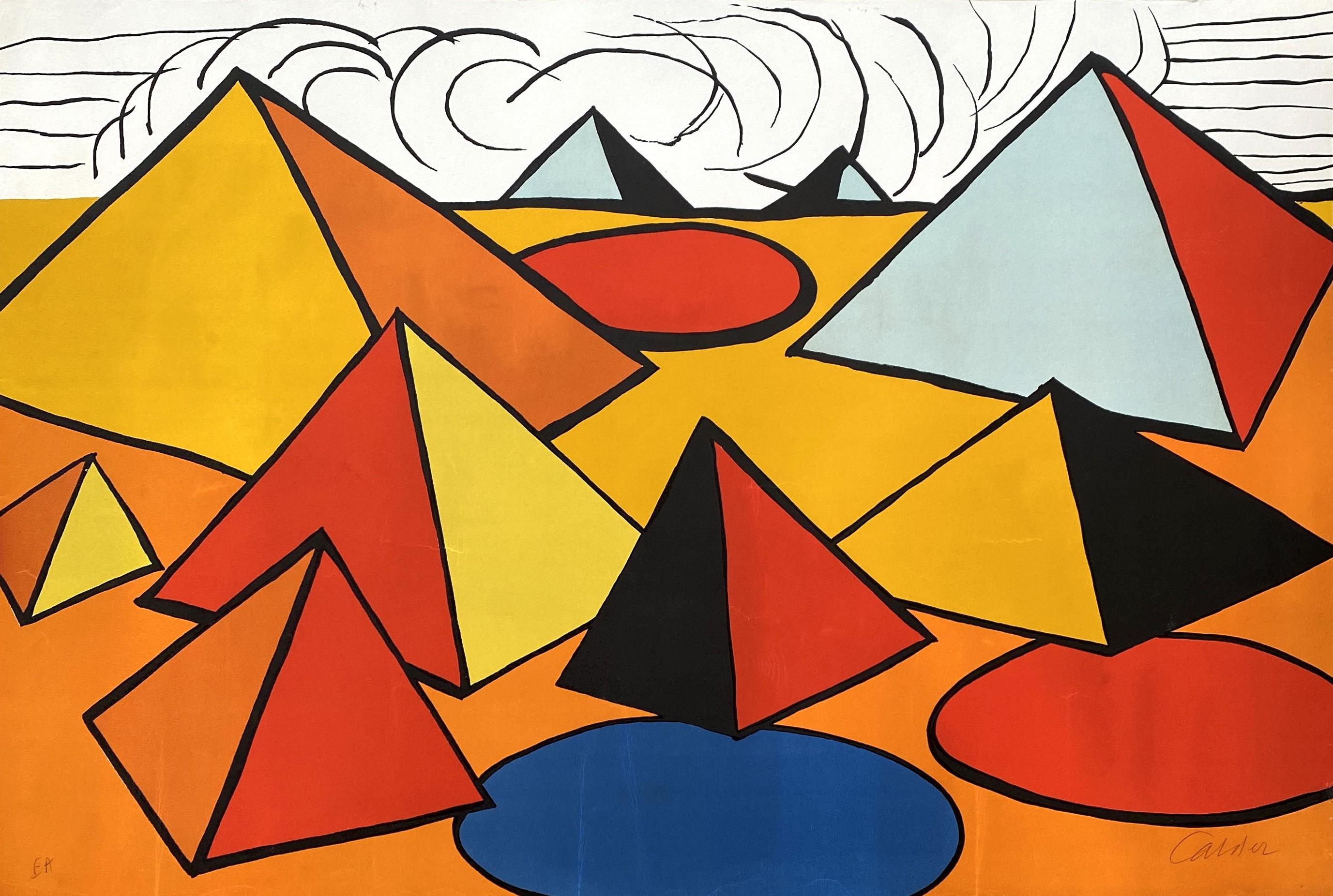 Alexander Calder Abstract Print - Egypt, Multicolored Pyramids - Original Lithograph Hand Signed 