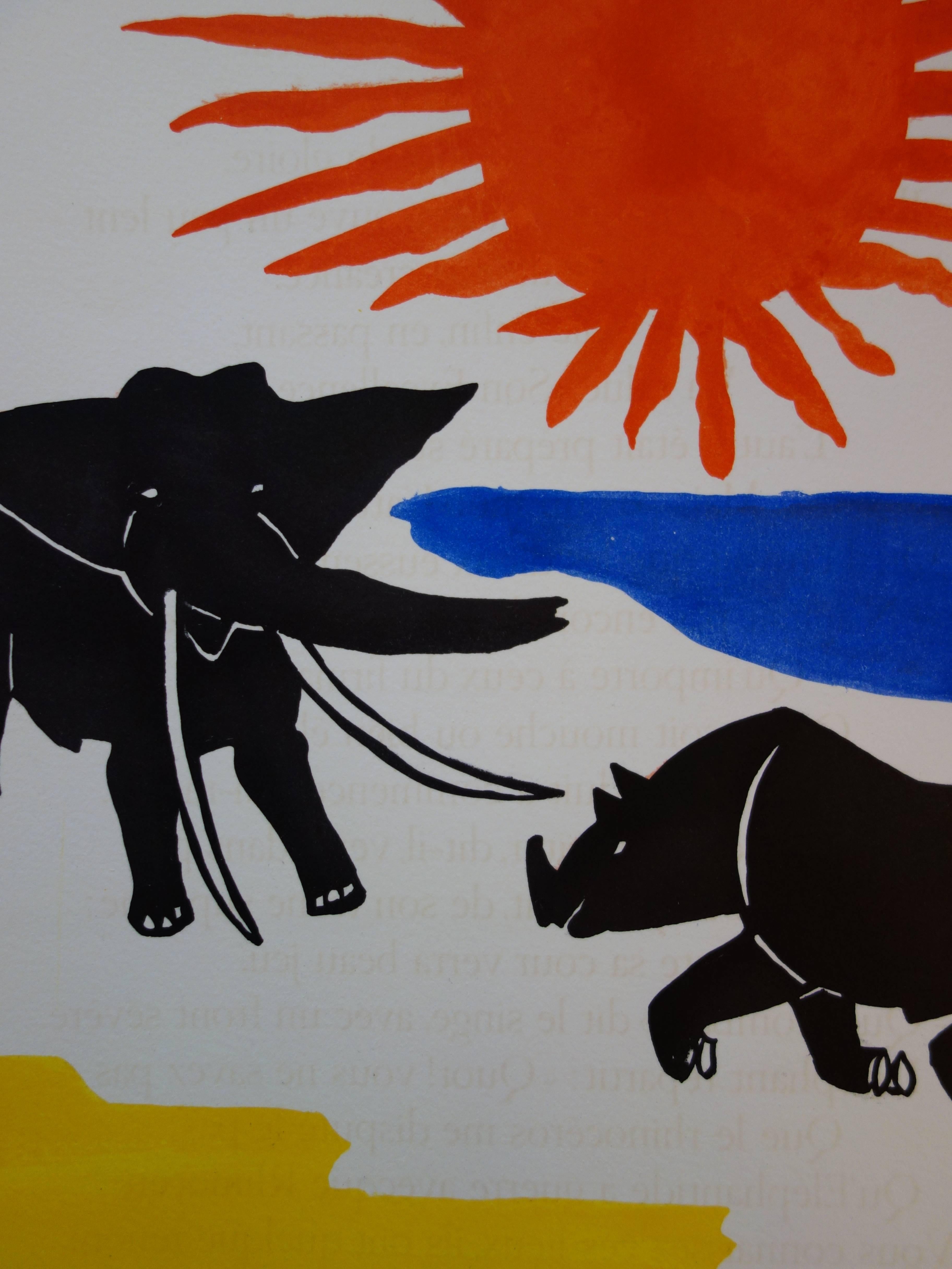 Elefante y Rinoceronte - Litografía original firmada a mano - 1966 - Print Arte pop de Alexander Calder