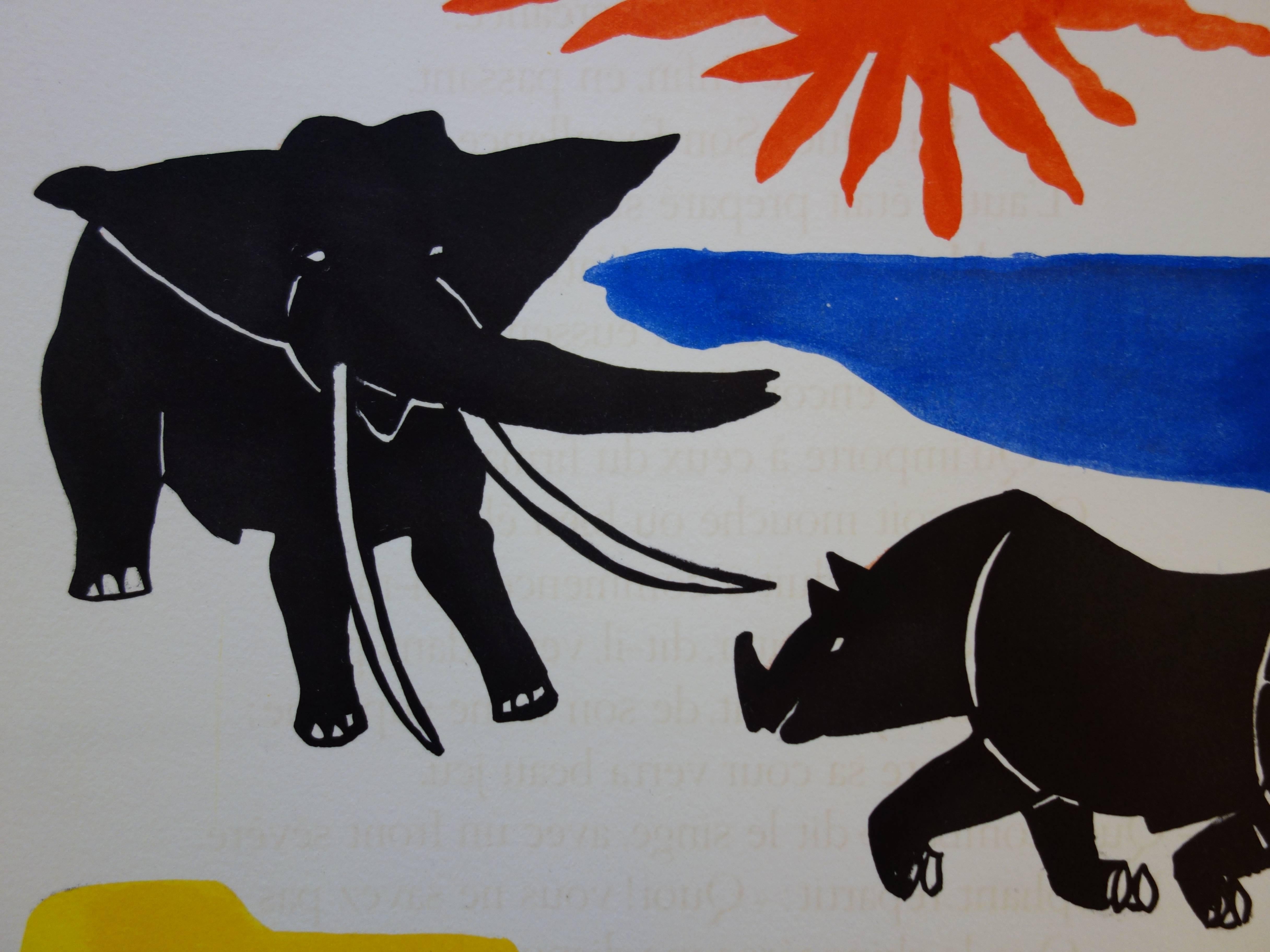 Elefante y Rinoceronte - Litografía original firmada a mano - 1966 - Animal Print Gris de Alexander Calder
