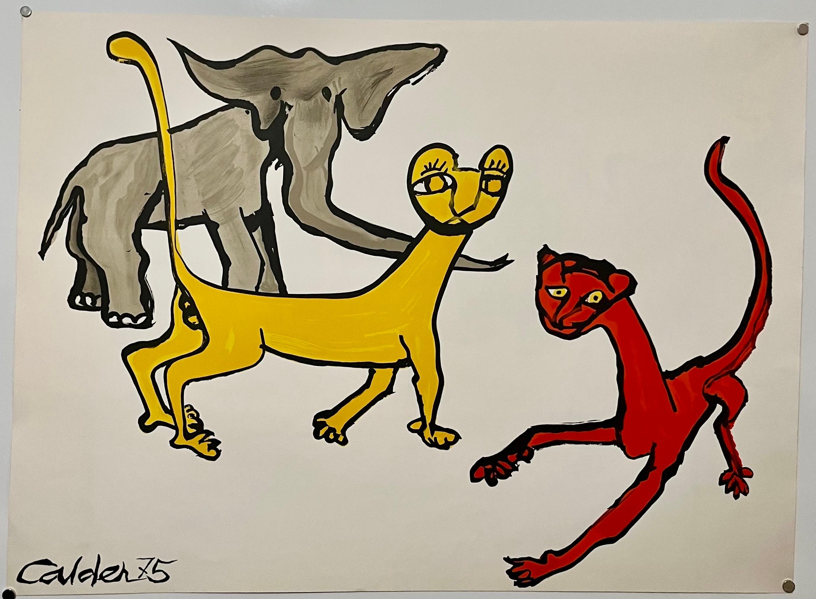 Elephant, Lions Bold Color Lithograph Alexander Calder Unfinished Revolution For Sale 1
