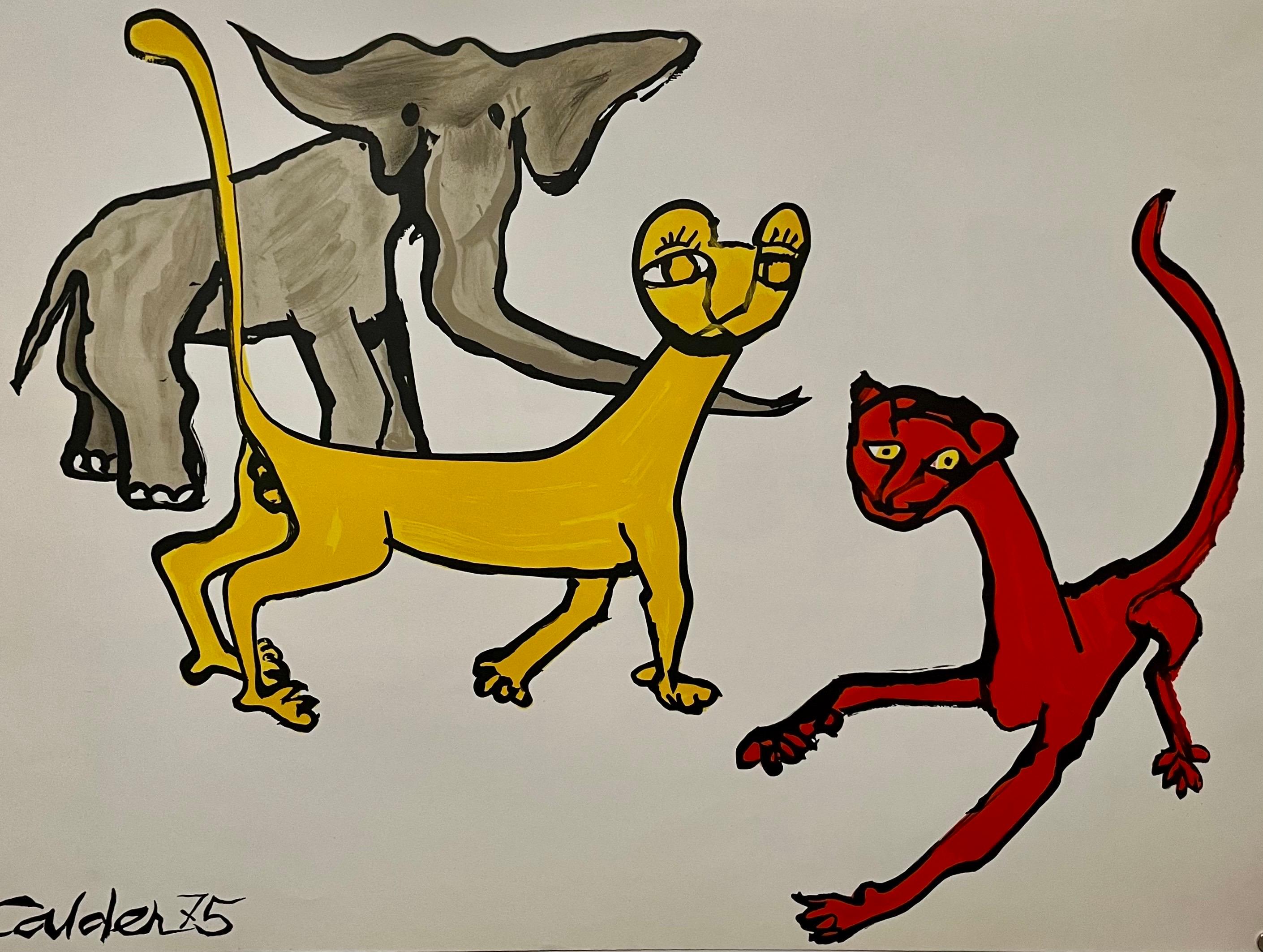 Elefante, Leones Litografía en colores vivos Alexander Calder Revolución inacabada
