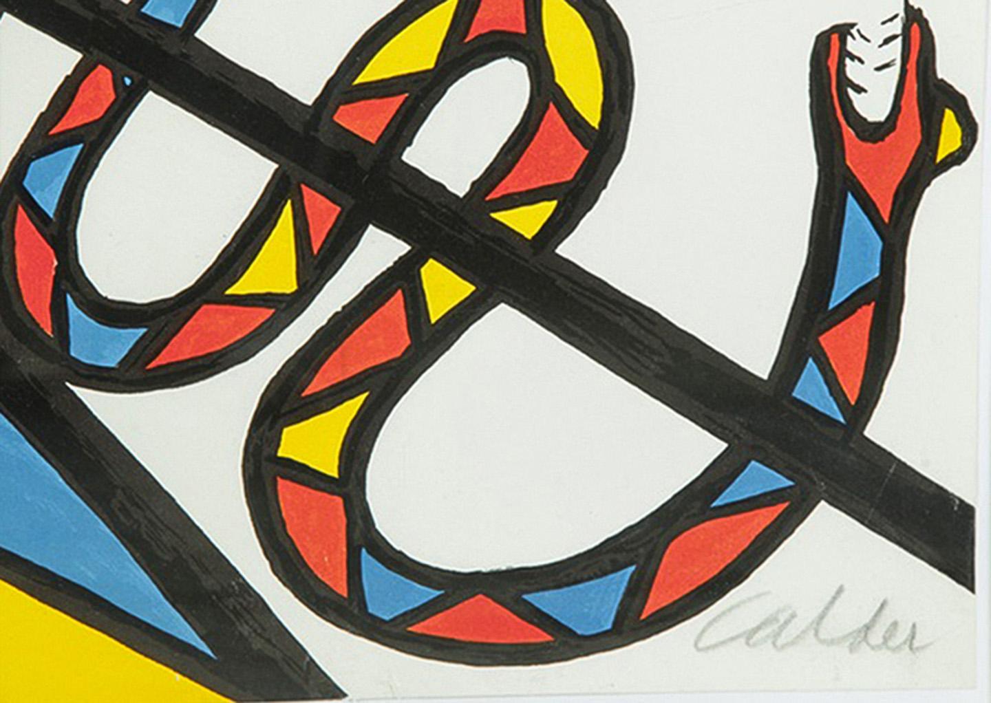 Alexander Calder’s 'Environment and Evolution' lithograph exemplifies his signature style of dynamic abstraction, translating the movement and balance of his famous mobiles into a two-dimensional form. In this work, Calder uses bold, primary colors