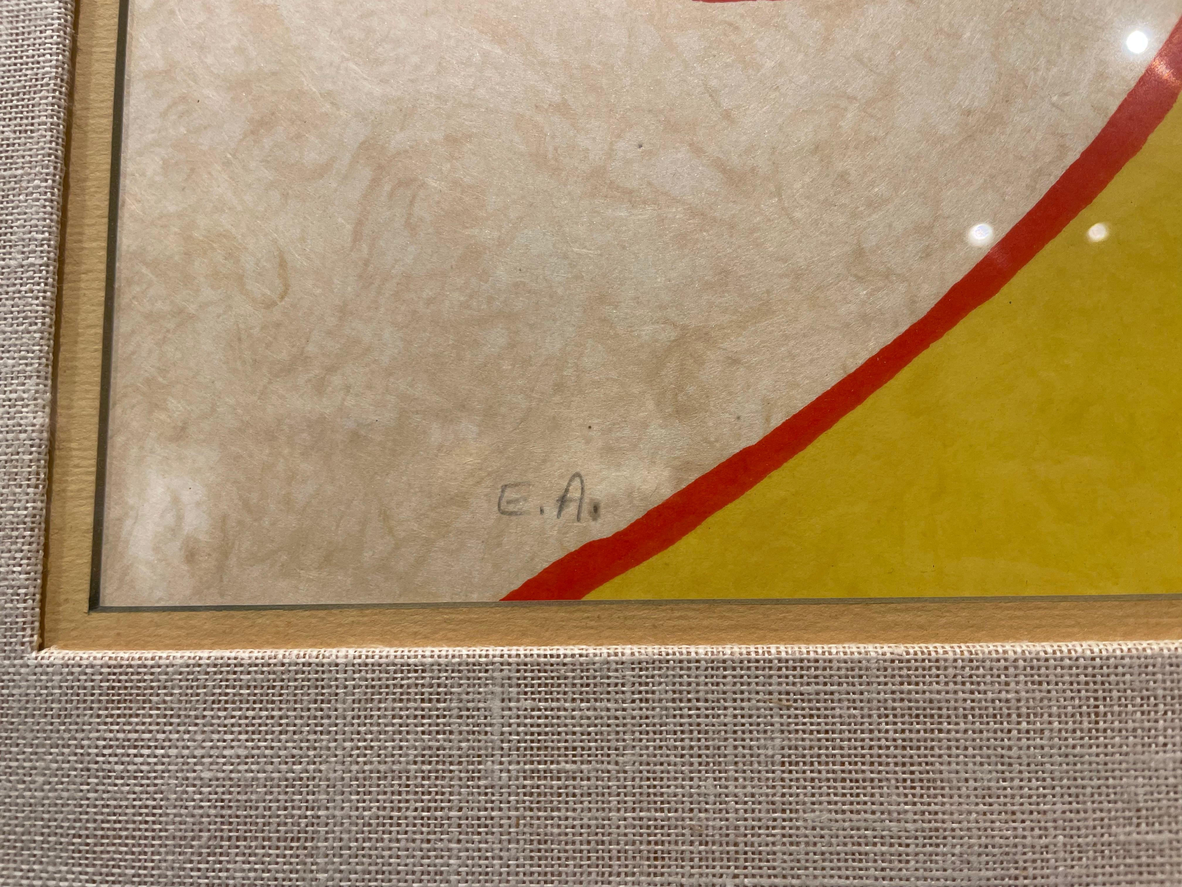 Fiesta, vers 1973, lithographie abstraite figurative rouge, jaune et bleue en vente 2