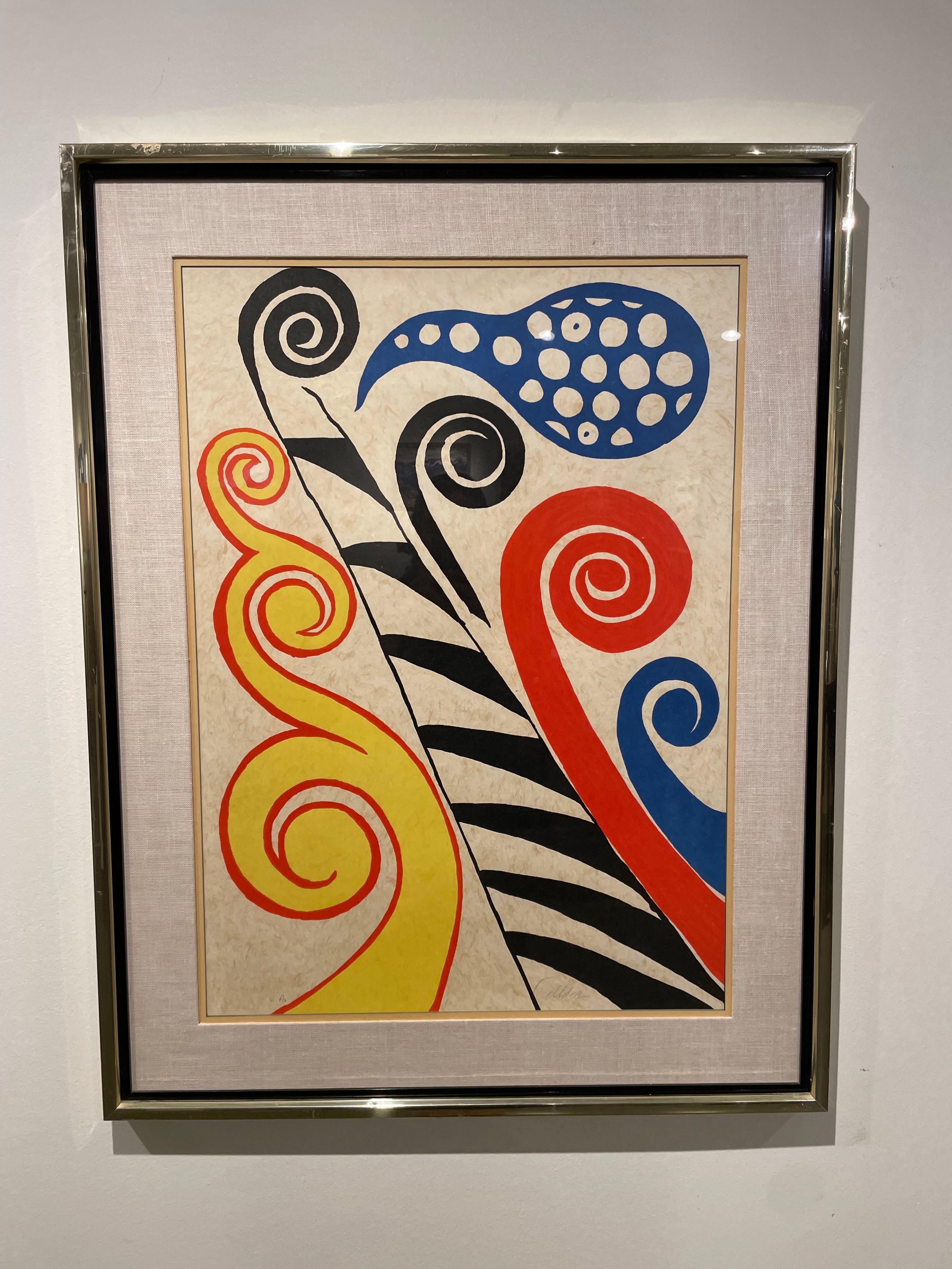 Fiesta, vers 1973, lithographie abstraite figurative rouge, jaune et bleue en vente 4