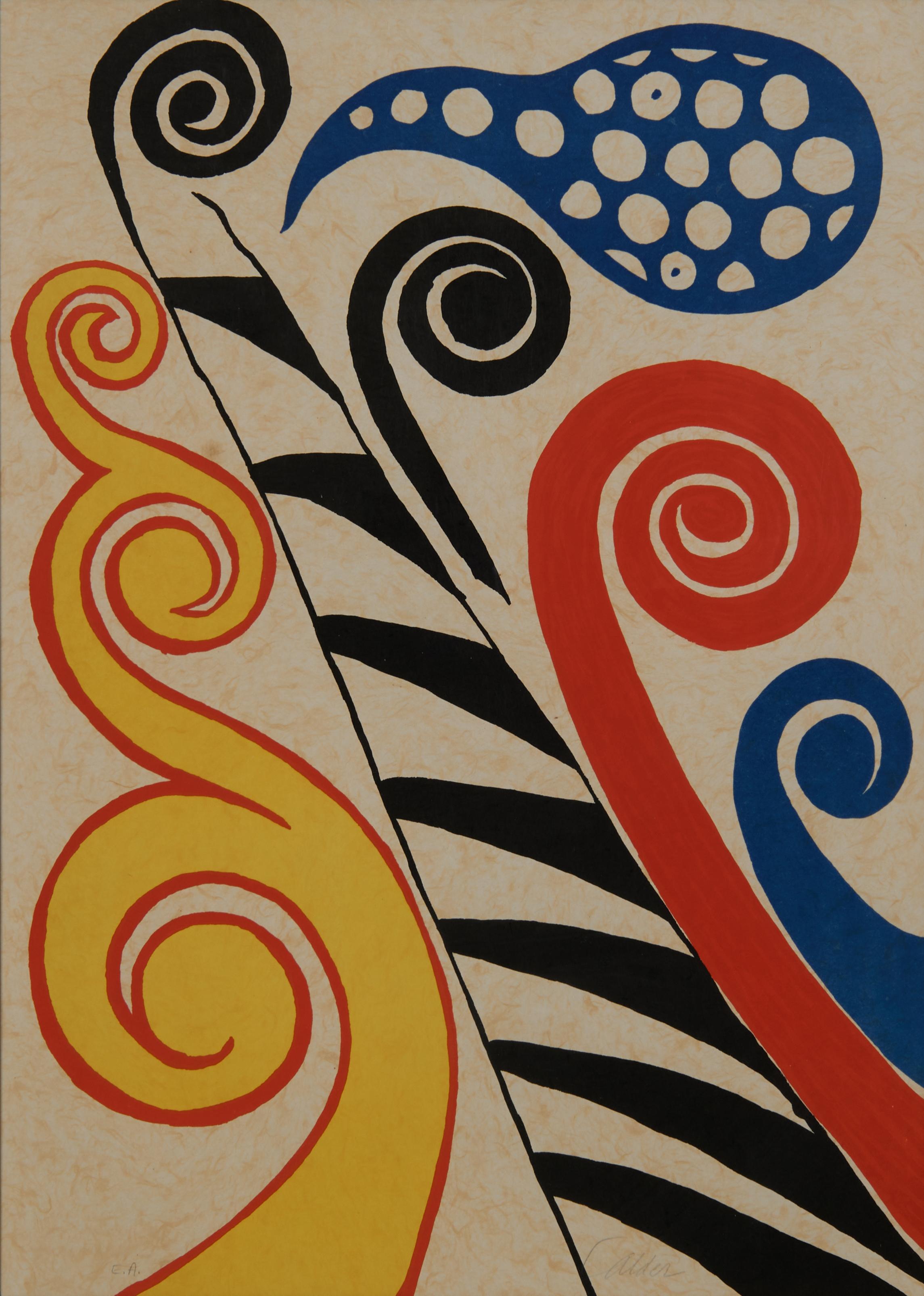 Fiesta, c. 1973, red, yellow & blue figurative abstract lithograph