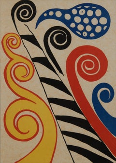 Fiesta, vers 1973, lithographie abstraite figurative rouge, jaune et bleue