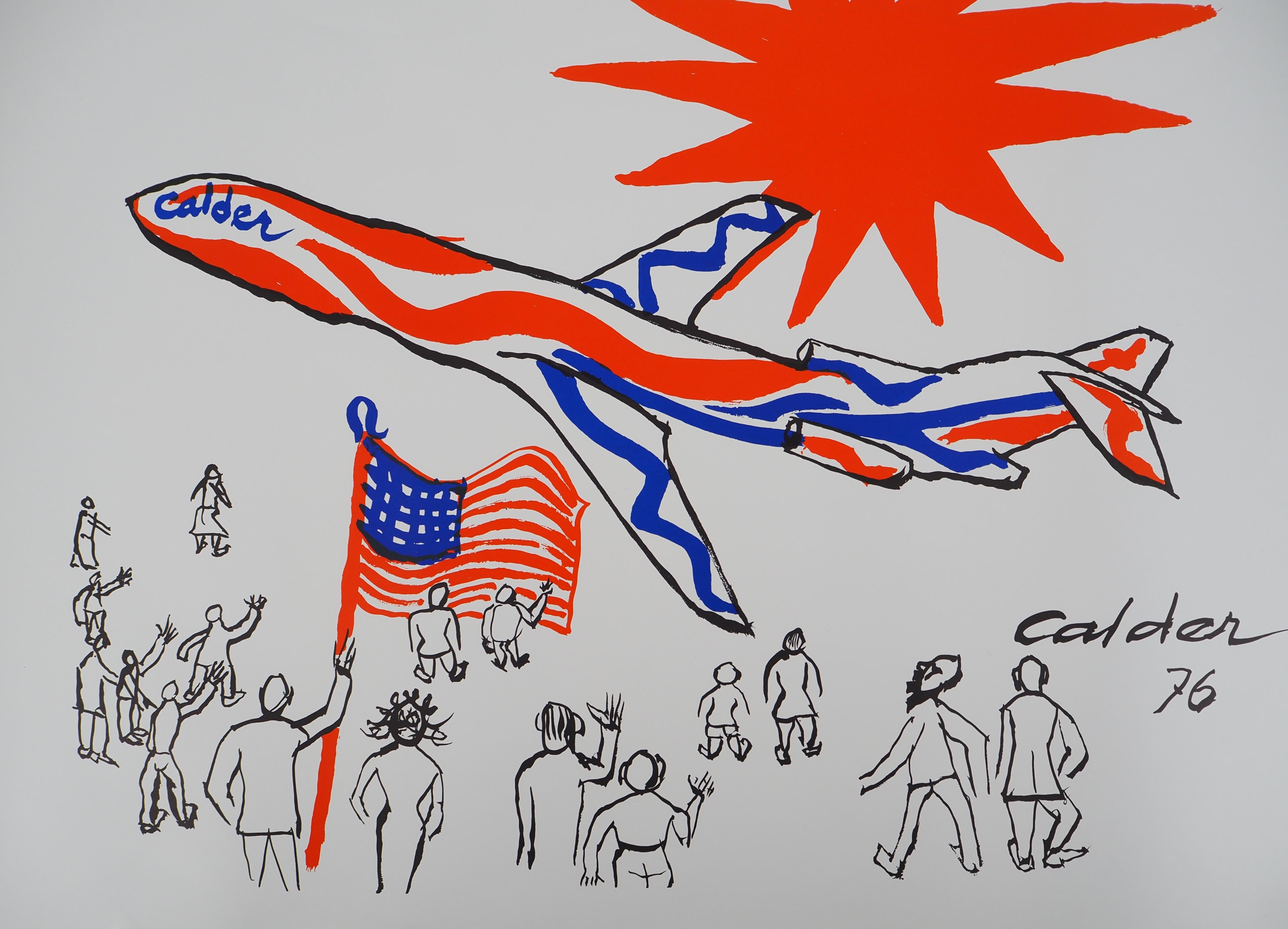 Colori volanti : Aereo sotto il sole rosso - litografia originale - Print di Alexander Calder