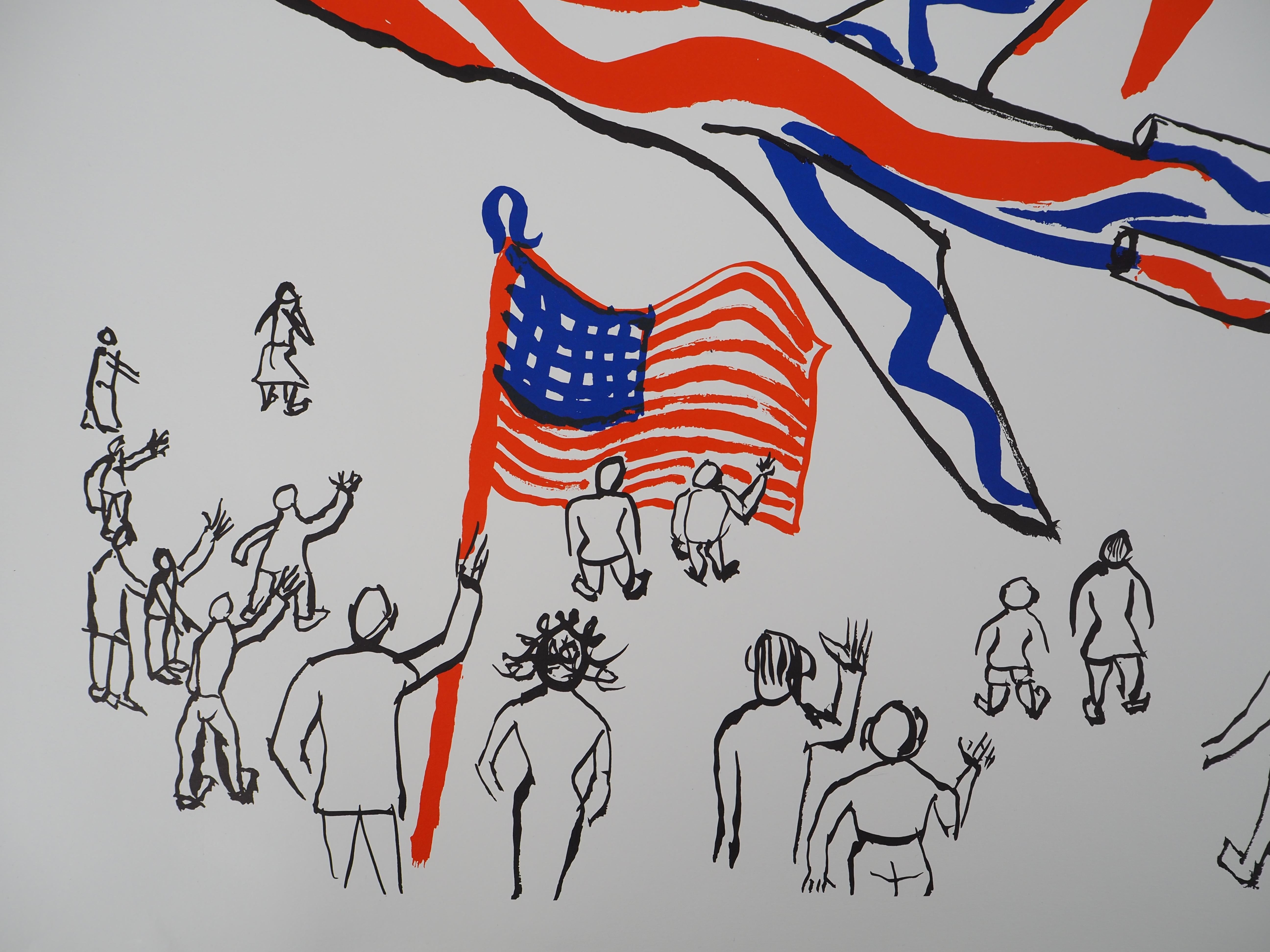 Colori volanti : Aereo sotto il sole rosso - litografia originale - Print American Modern di Alexander Calder