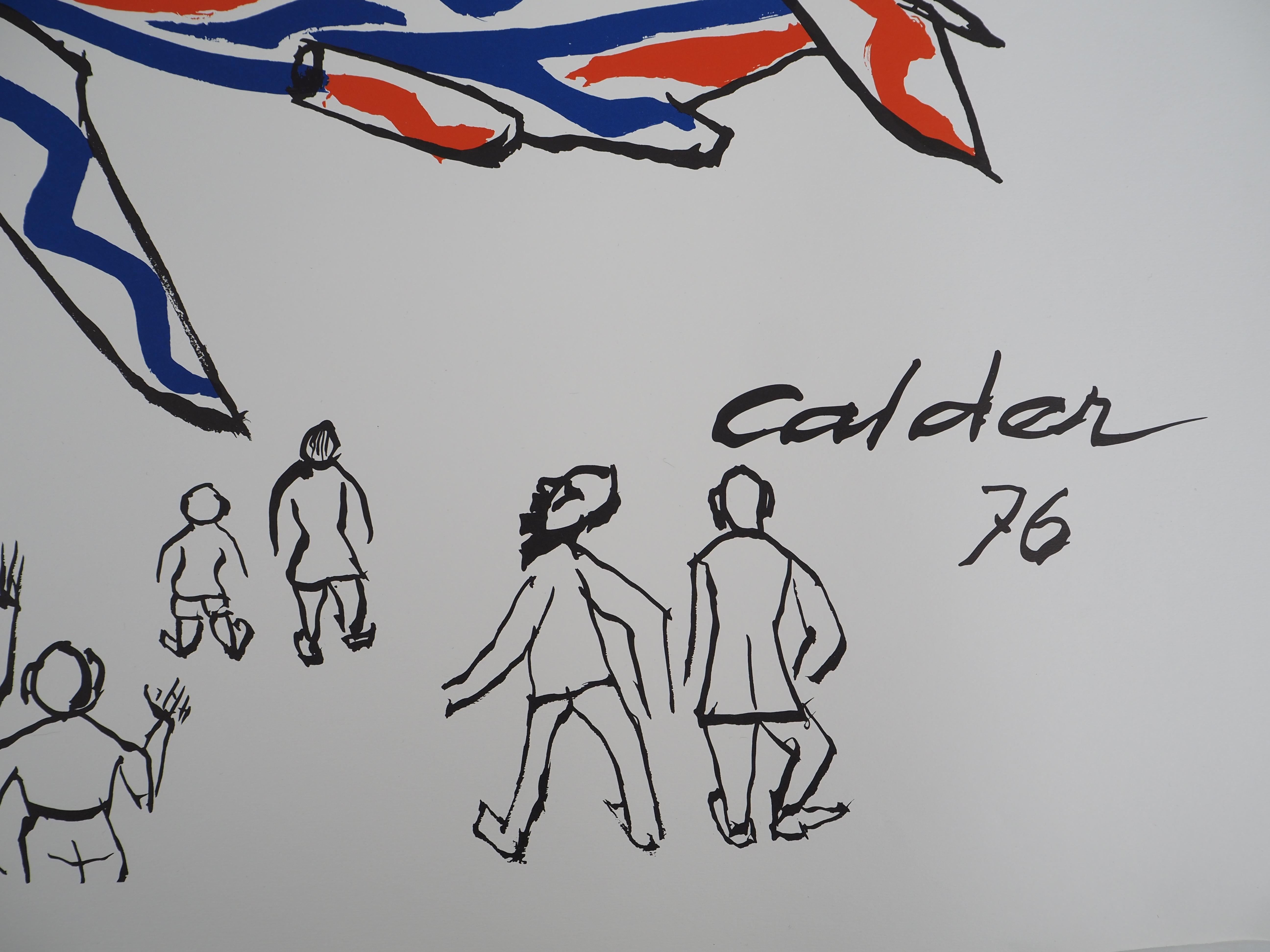 Alexander Calder
Colori volanti : Aereo sotto il sole rosso, 1976

Litografia originale
Firma stampata nella lastra
Su pergamena leggera 58 x 83 cm (c. 23 x 33 in)

INFORMAZIONI : Calder ha creato questa litografia per la Braniff Airlines. Questa