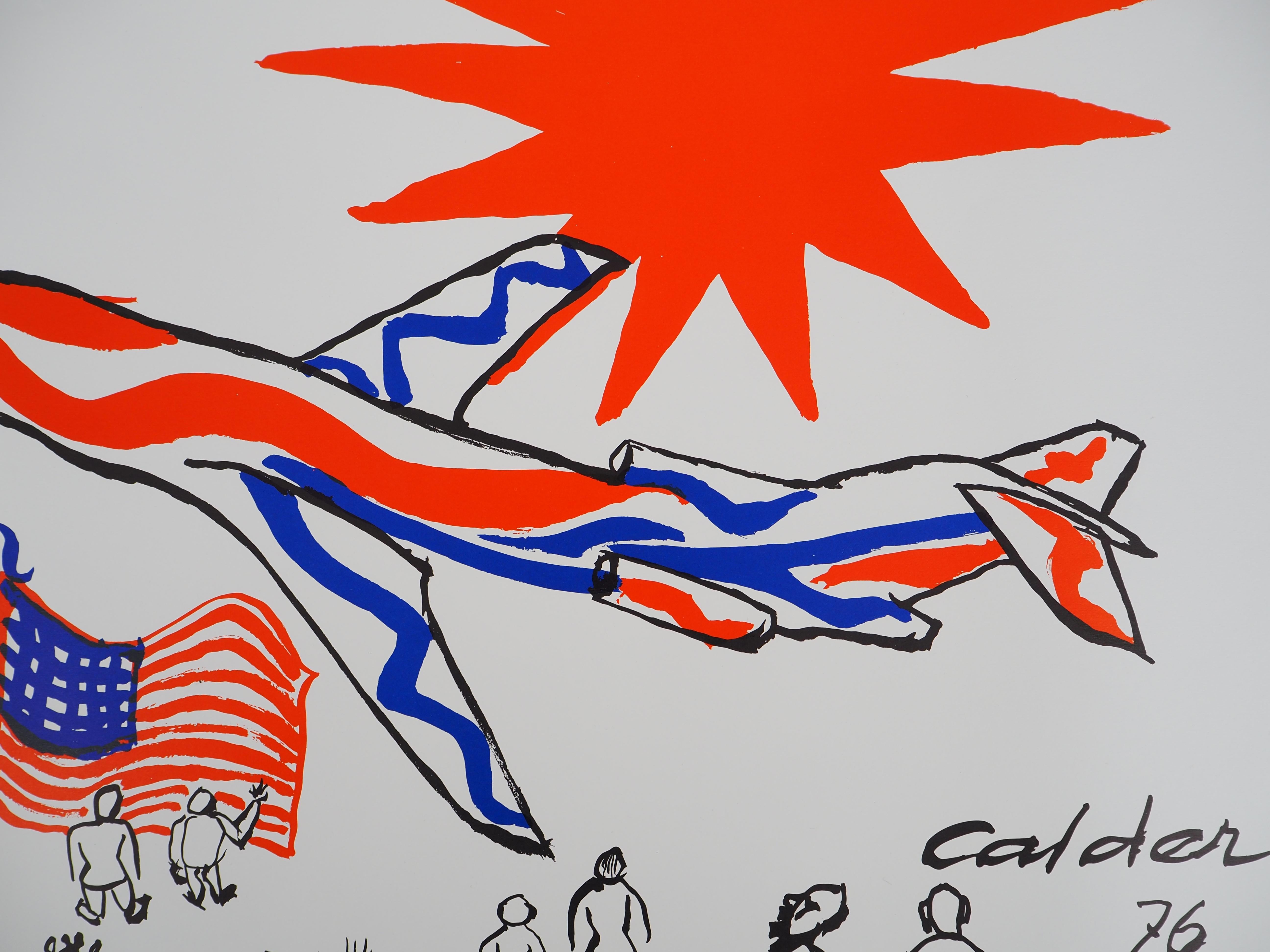 Colori volanti : Aereo sotto il sole rosso - litografia originale in vendita 1