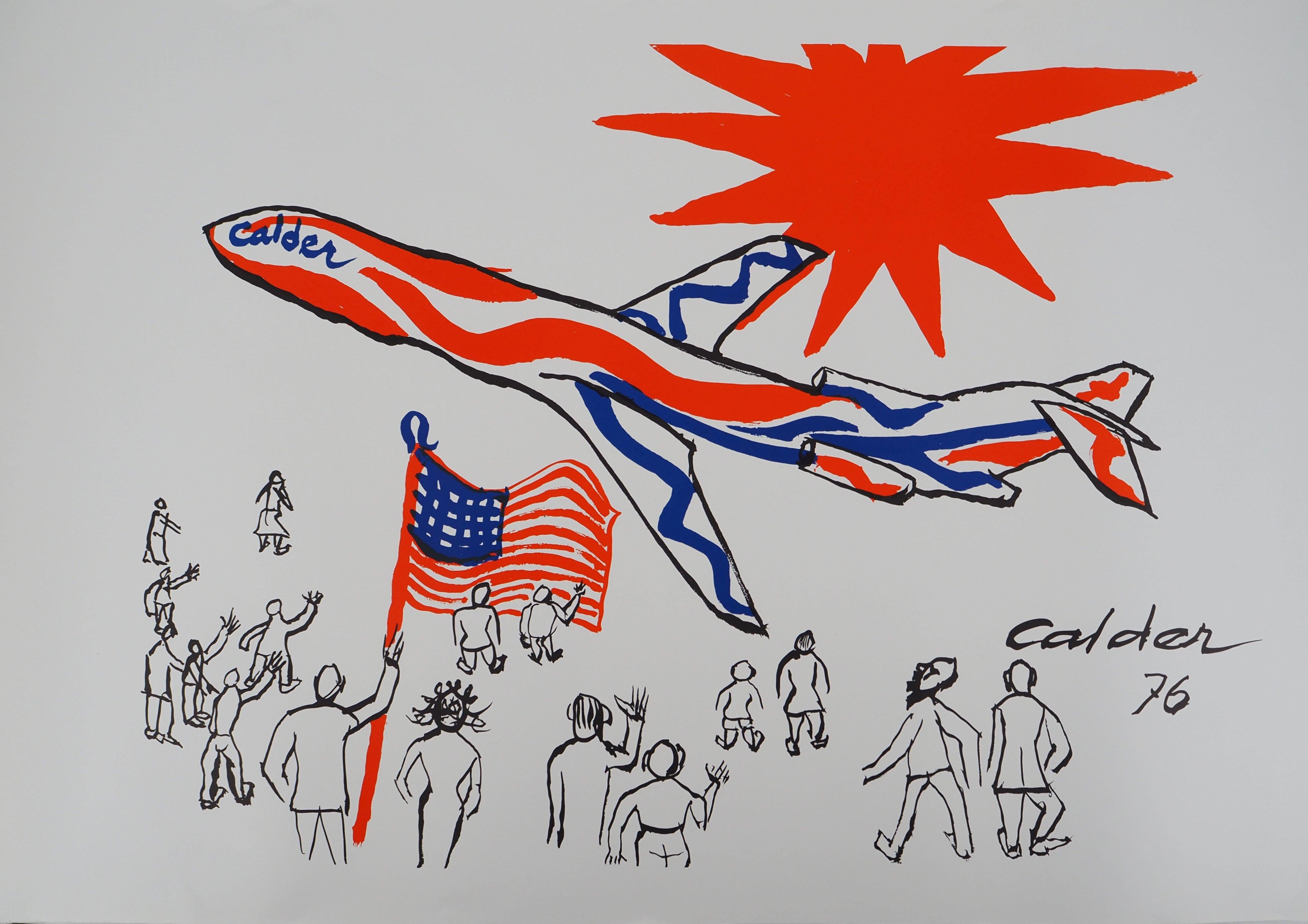 Figurative Print di Alexander Calder - Colori volanti : Aereo sotto il sole rosso - litografia originale