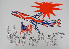 Couleurs volantes : Avion sous un soleil rouge - Lithographie originale