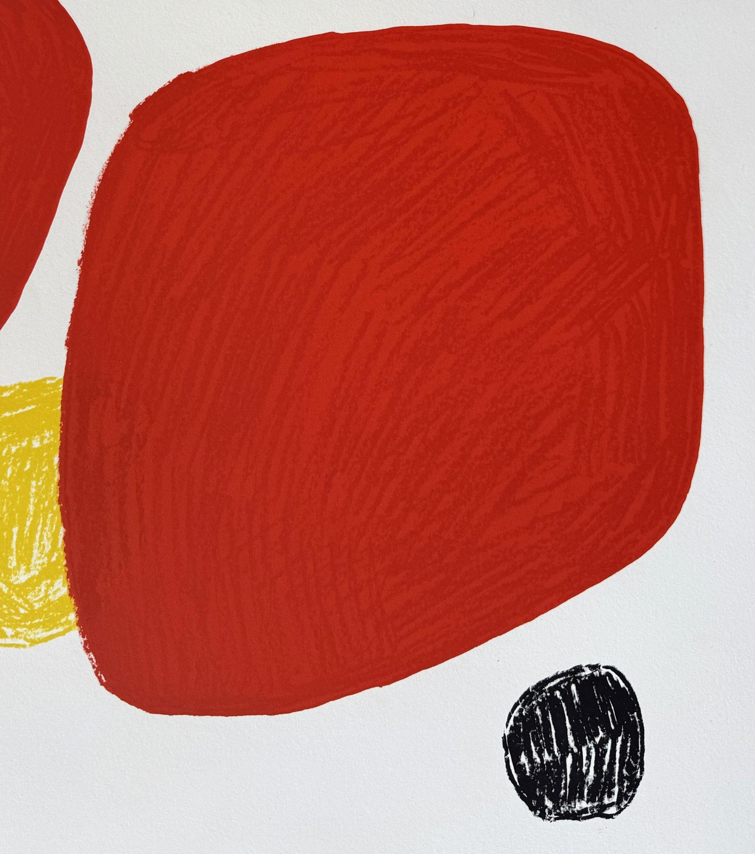 Cuatro rojos, tres negros, uno amarillo - Litografía original - Print Abstracto de Alexander Calder