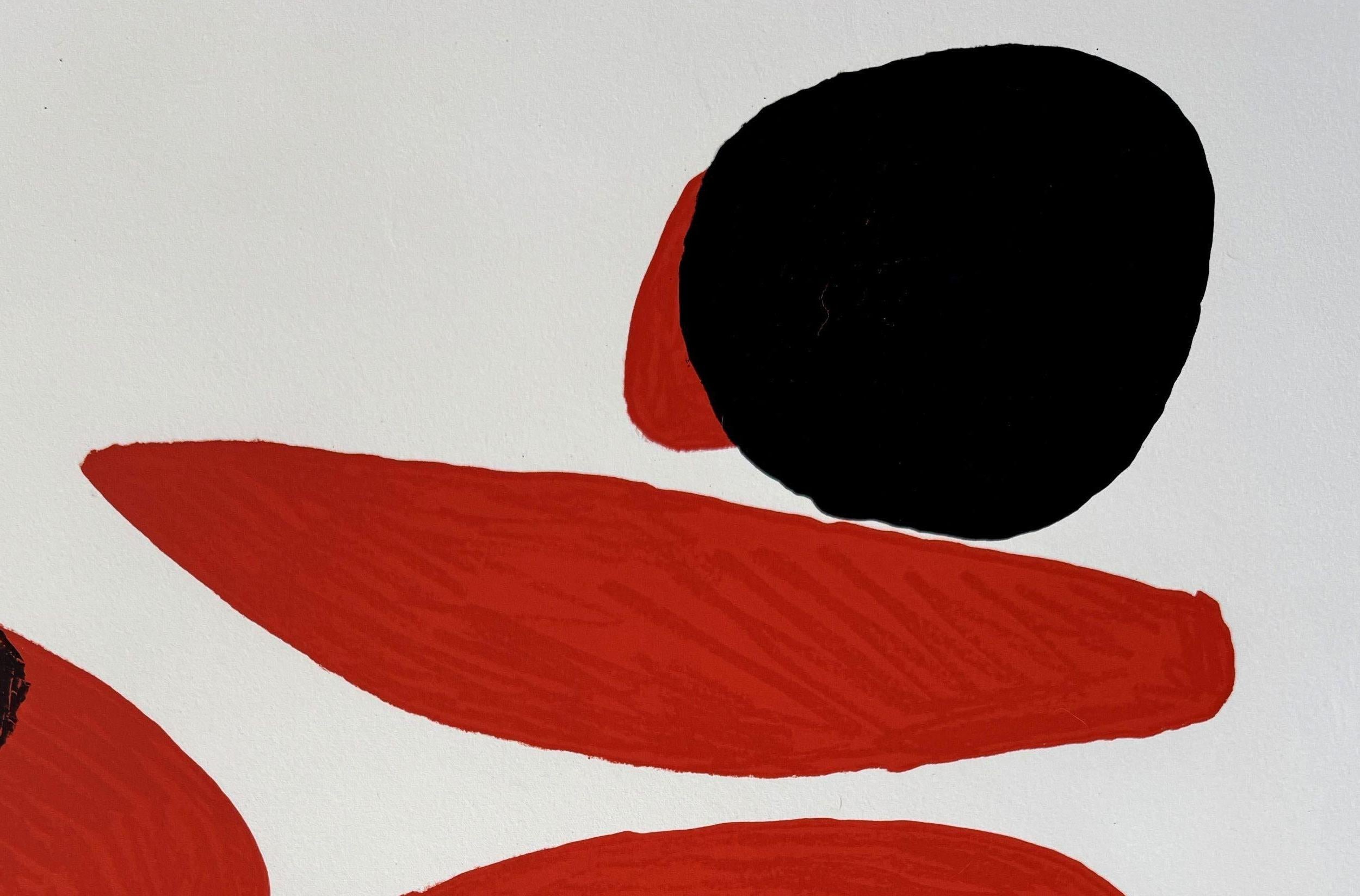 Cuatro rojos, tres negros, uno amarillo - Litografía original - Abstract Print Gris de Alexander Calder