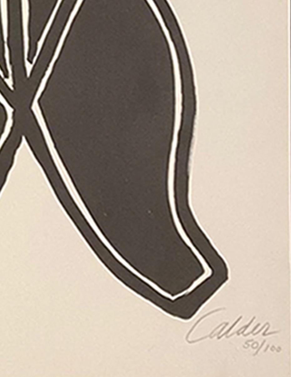 Alexander Calder’s ‘Jeune Fillette et sa Suite’ lithograph reflects his signature style of playful abstraction while offering a whimsical portrayal of human figures through simplified, almost childlike forms. The title, which translates to “Young