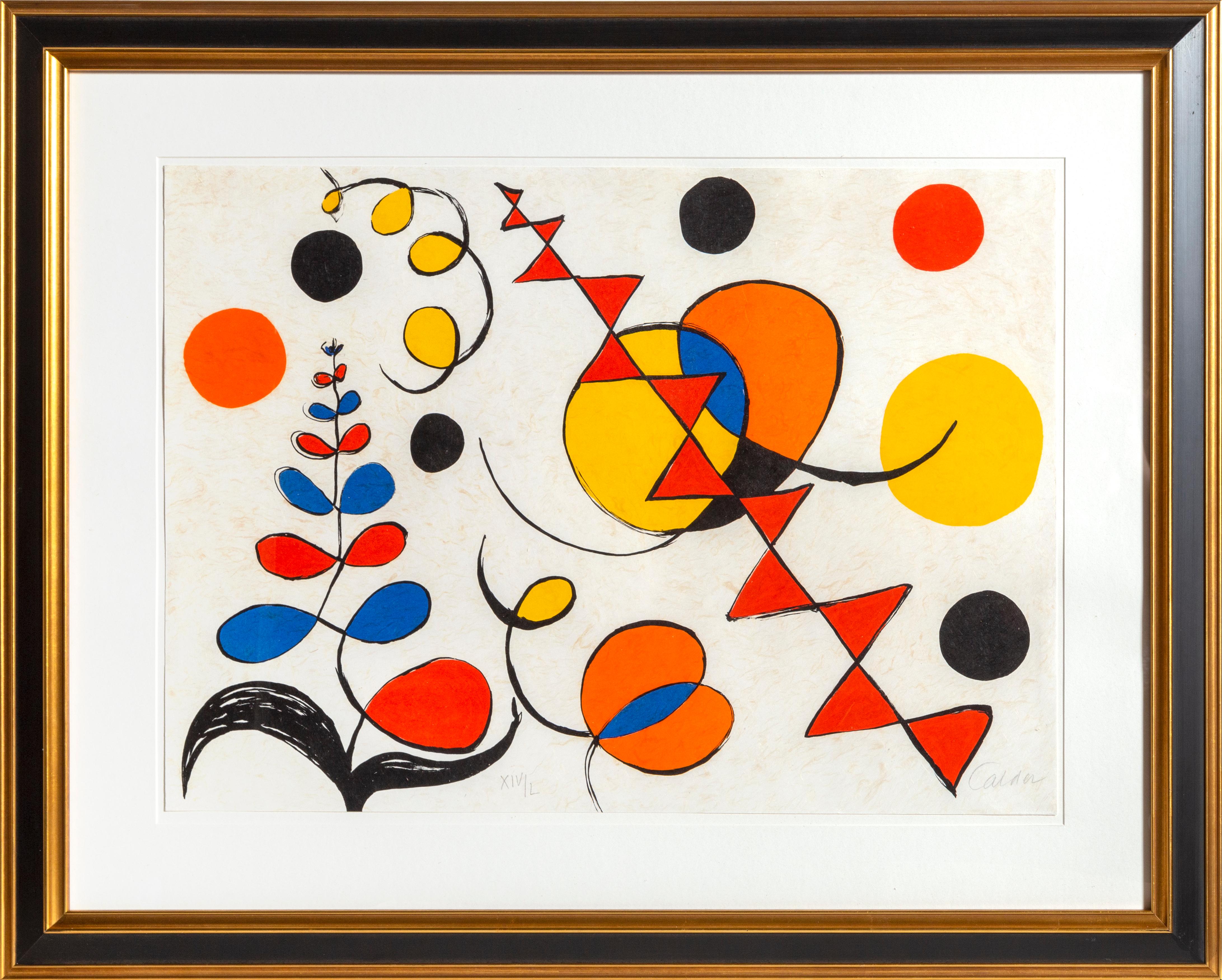 Artist: Alexander Calder, American (1898 - 1976)
Title: untitled from La Memoire Elementaire
Year: 1975-76
Medium: Lithograph on Japon nacre, signed and numbered in pencil 
Edition: XIV/L
Size: 20.5 x 28.25 in. (52.07 x 71.76 cm)
Frame Size: 30.5 x