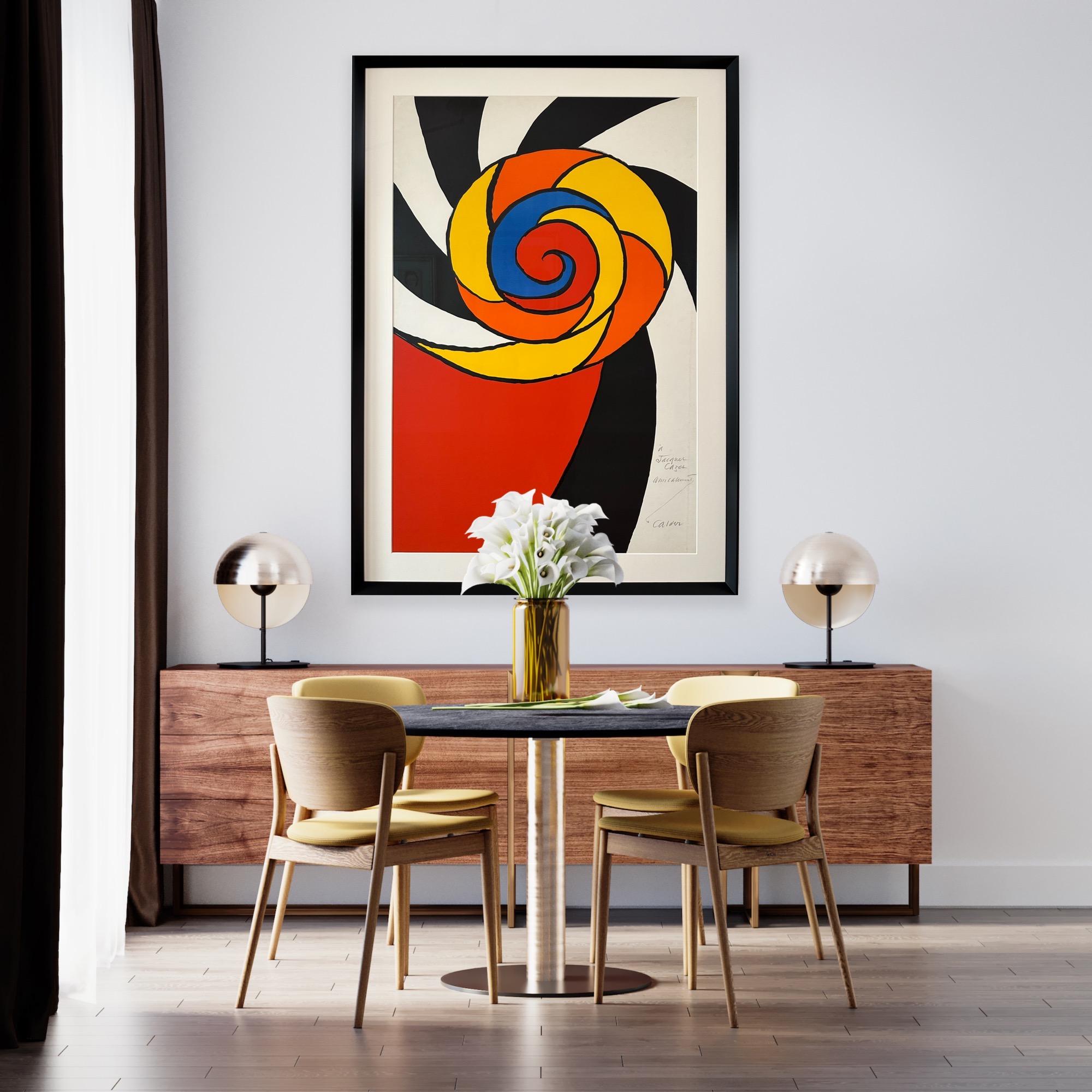Alexander Calder- Le Turban
Lithographie en couleur, 1969
Une épreuve signée et dédicacée à côté de l'édition numérotée de 75 exemplaires.
Dédié au crayon : A Jaques Cazet, Amicalement, Calder