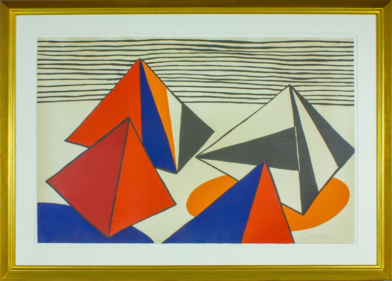 "Les Pyramides Grandes" framed lithograph by Alexander Calder. Hand-lettered EA on lower left front. Hand-signed Calder on lower right front.  From edition of 75. 