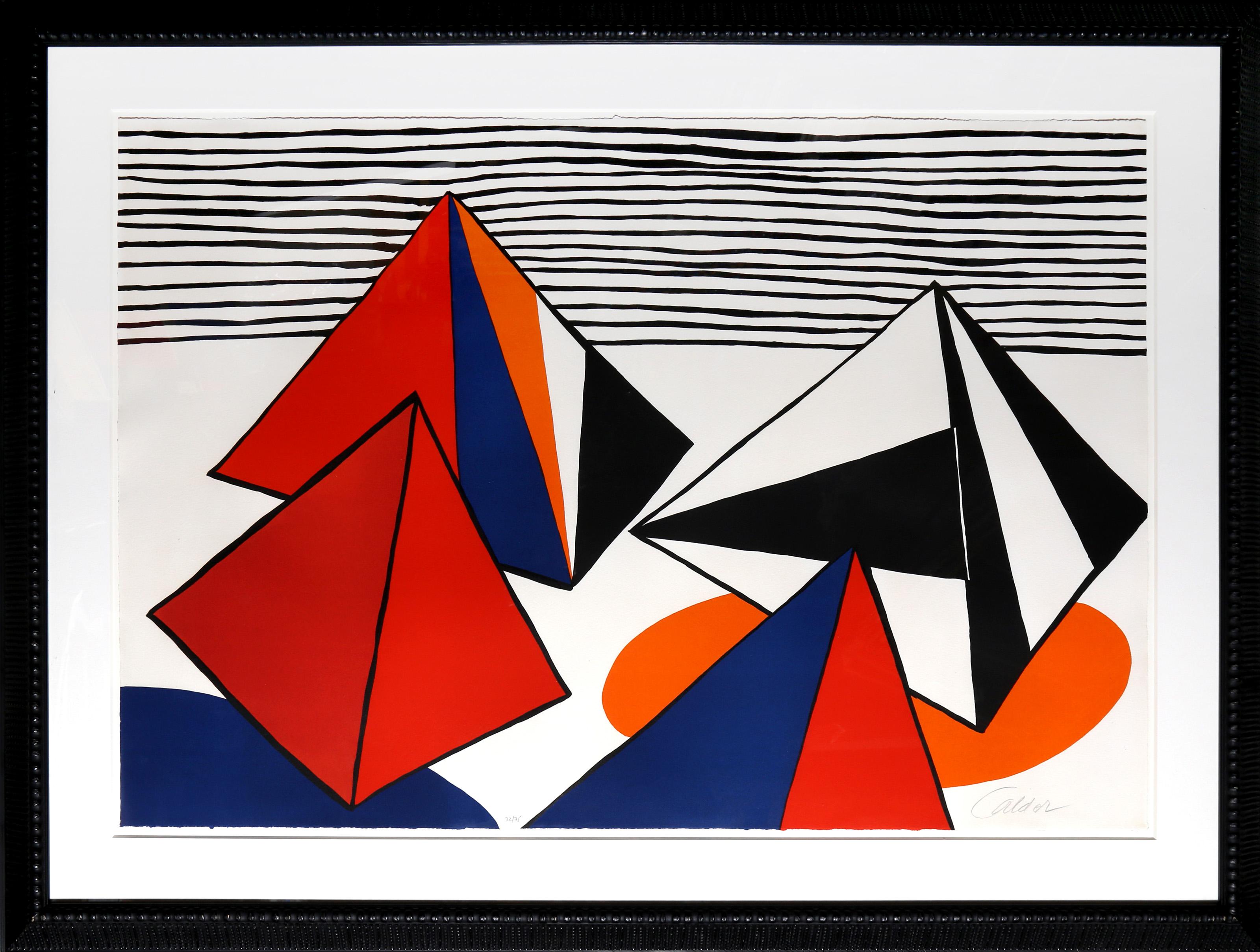 Alexander Calder, American (1898 - 1976) -  Les Pyramides Grandes. Year: 1975, Medium: Lithograph, signed and numbered in pencil, Edition: 72/75, Size: 29.5 x 43 in. (74.93 x 109.22 cm), Frame Size: 40.5 x 54 inches, Publisher: Maeght, Paris 