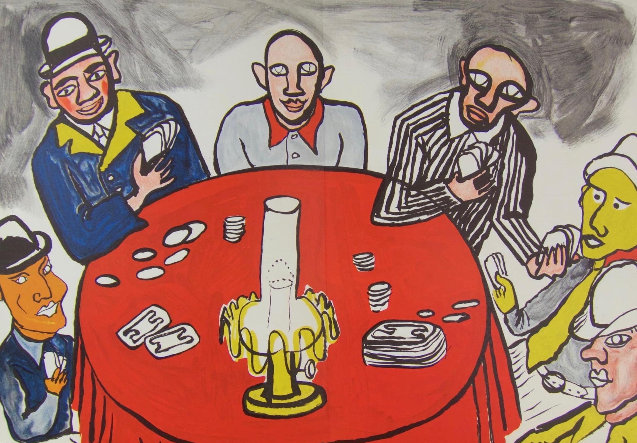Framed lithograph in color by Alexander Calder of card players from 'Derriere Le Miroir' 
About the artist:  Alexander 'Sandy' Calder (American 1898-1976) is one of the most important artists of the 20th century.  Known for his sculptures and