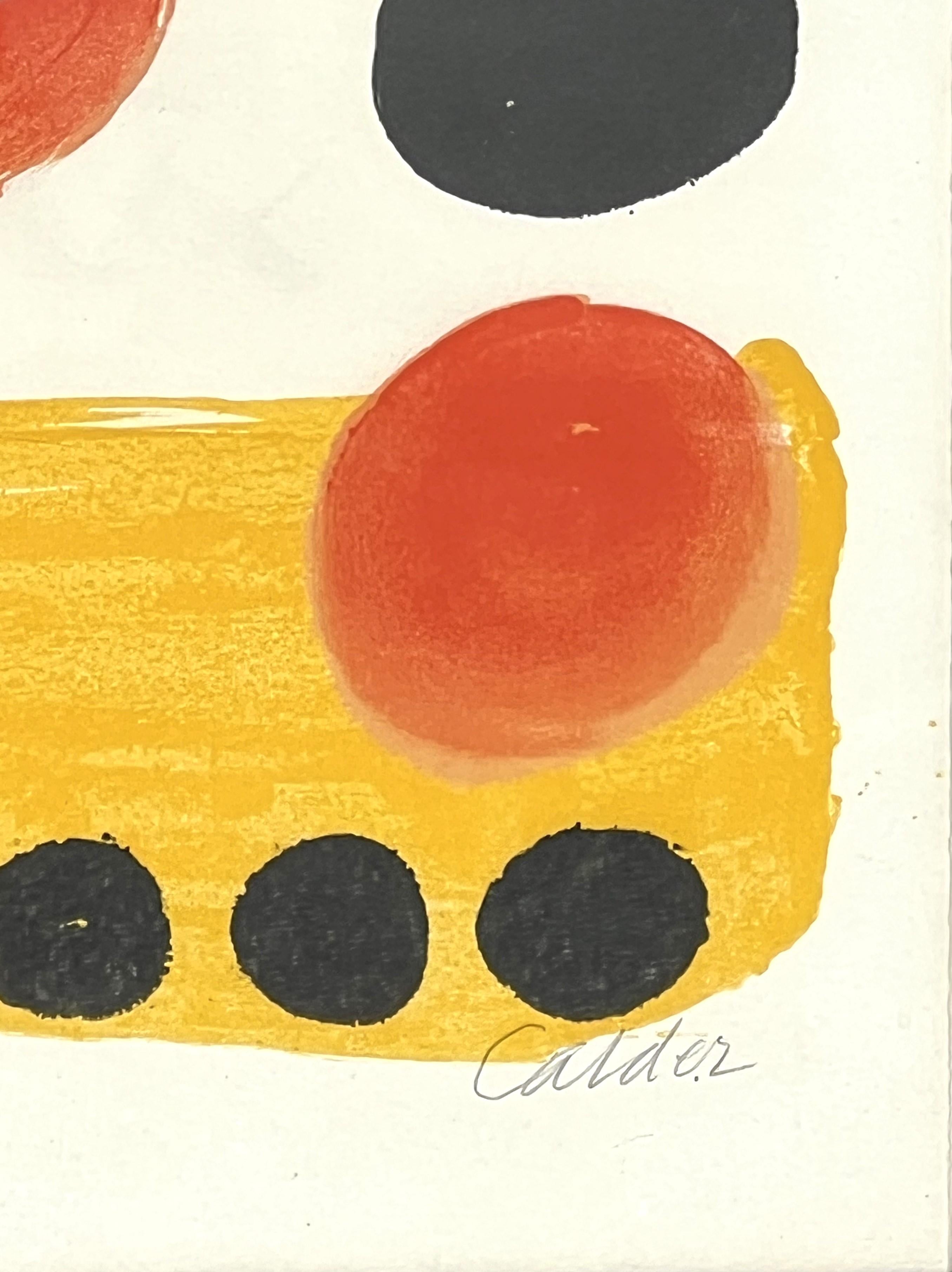 Modern abstract limited edition lithograph by American artist Alexander Calder. The work features black swirling lines intertwined around red, blue, and black circles. In 1967 the famed Parisian printing house and gallery, Atelier Mourlot, opened