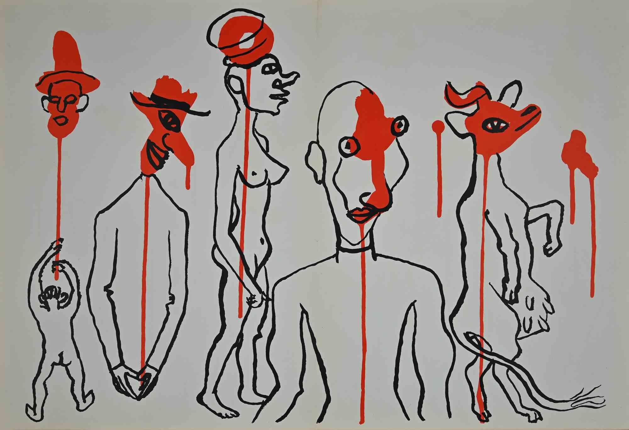 People is an original artwork realized by Alexander Calder in 1966.

Original mix colored lithograph on double page.

The artwork was the cover design for the art review "Derriere Le Miroir" N. 156. Printed by Ateliers de Maeght, Paris, 1966

Good