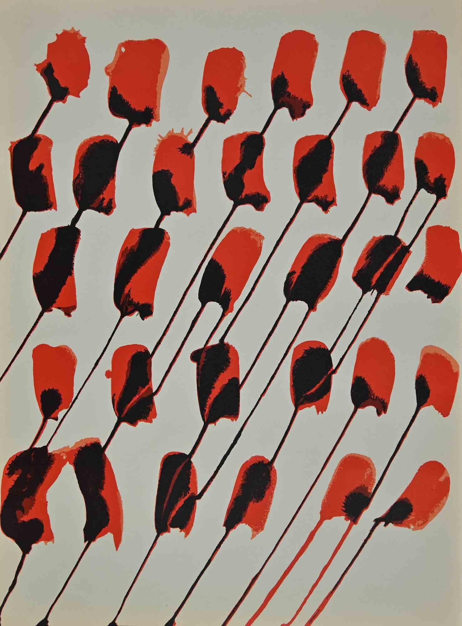 Poppy Flowers is an original artwork realized by Alexander Calder in 1971.

Original mixed colored lithograph. 

The artwork was the cover design for the art review "Derriere Le Miroir" no.156. Printed by Ateliers de Maeght, Paris, 1971.

Good