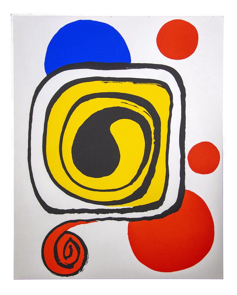 Composition is an abstract color print realized by Alexander Calder.

This splendid artwork is preserved in very good conditions.

The artwork represents a colorful composition, depicted by strong expression through vivid and bright colors, in a