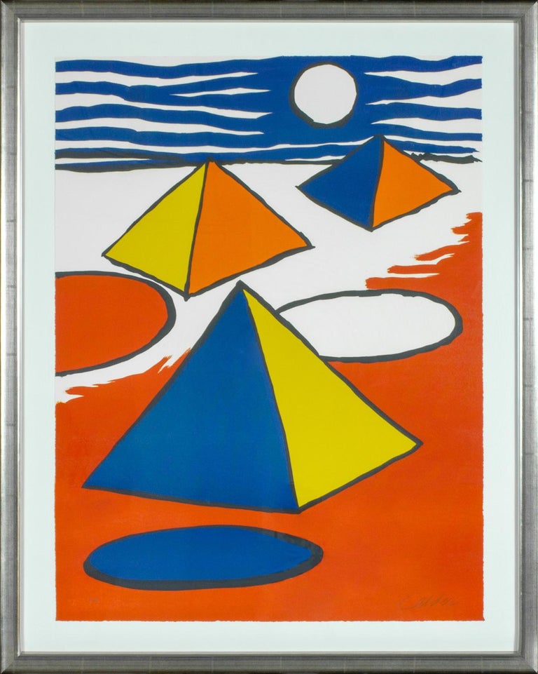 "Pyramids at Night" framed lithograph by Alexander Calder. Hand-lettered EA on lower left front. Hand-signed Calder on lower right front. From an edition of 100.