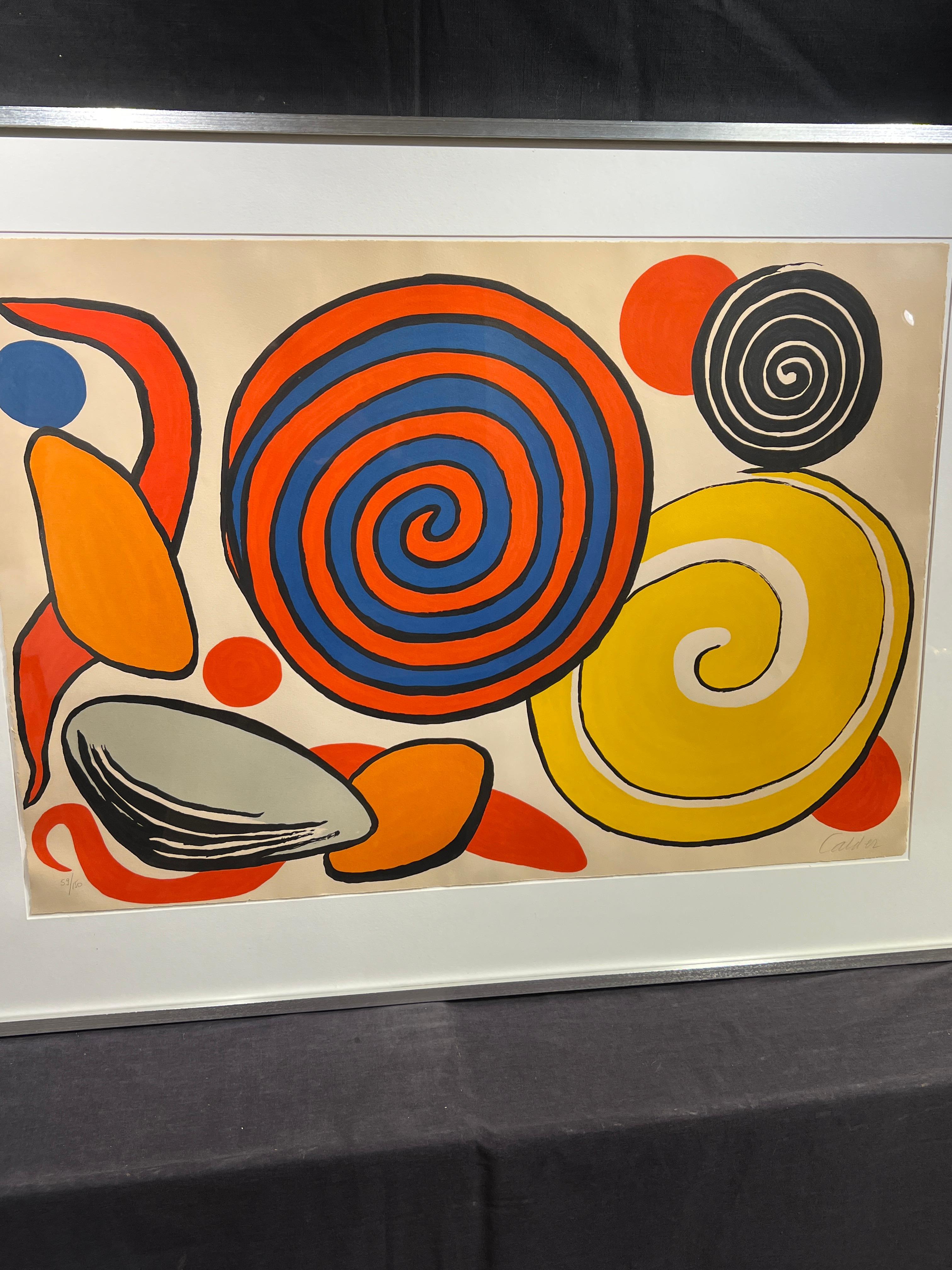 Red and Blue Spirals
Alexander Calder (American, 1898-1976)
Signed in Pencil Lower Right 
Numbered 59/150 in Pencil Lower Left
26 x 37 inches
35.5 x 46 inches with frame

One of America's best known sculptors, 