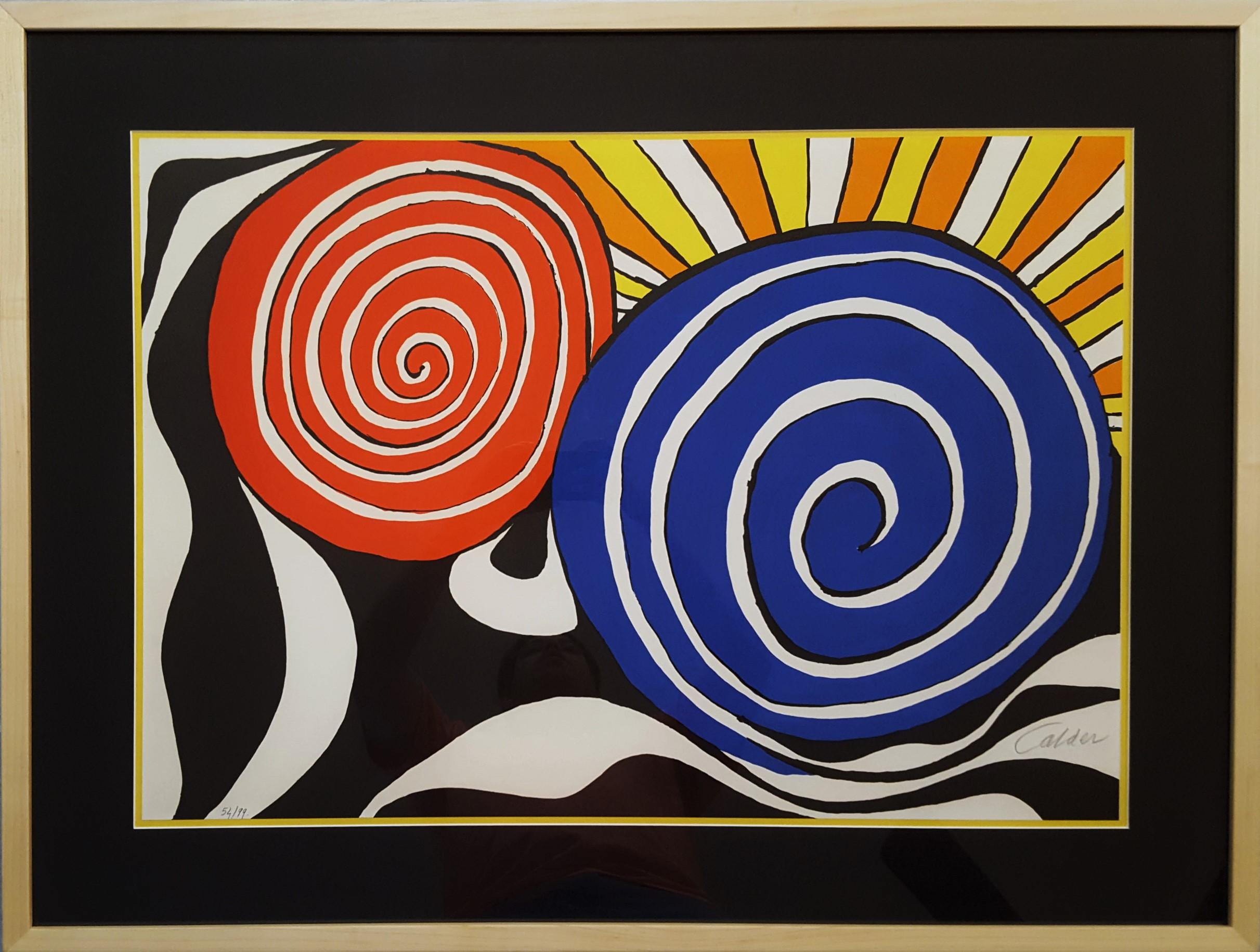 Red and Blue Spirals with Sun - Print by Alexander Calder