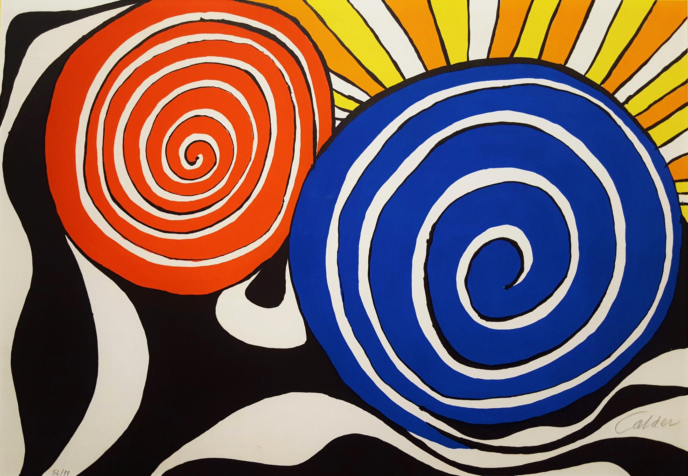 Alexander Calder Abstract Print - Red and Blue Spirals with Sun