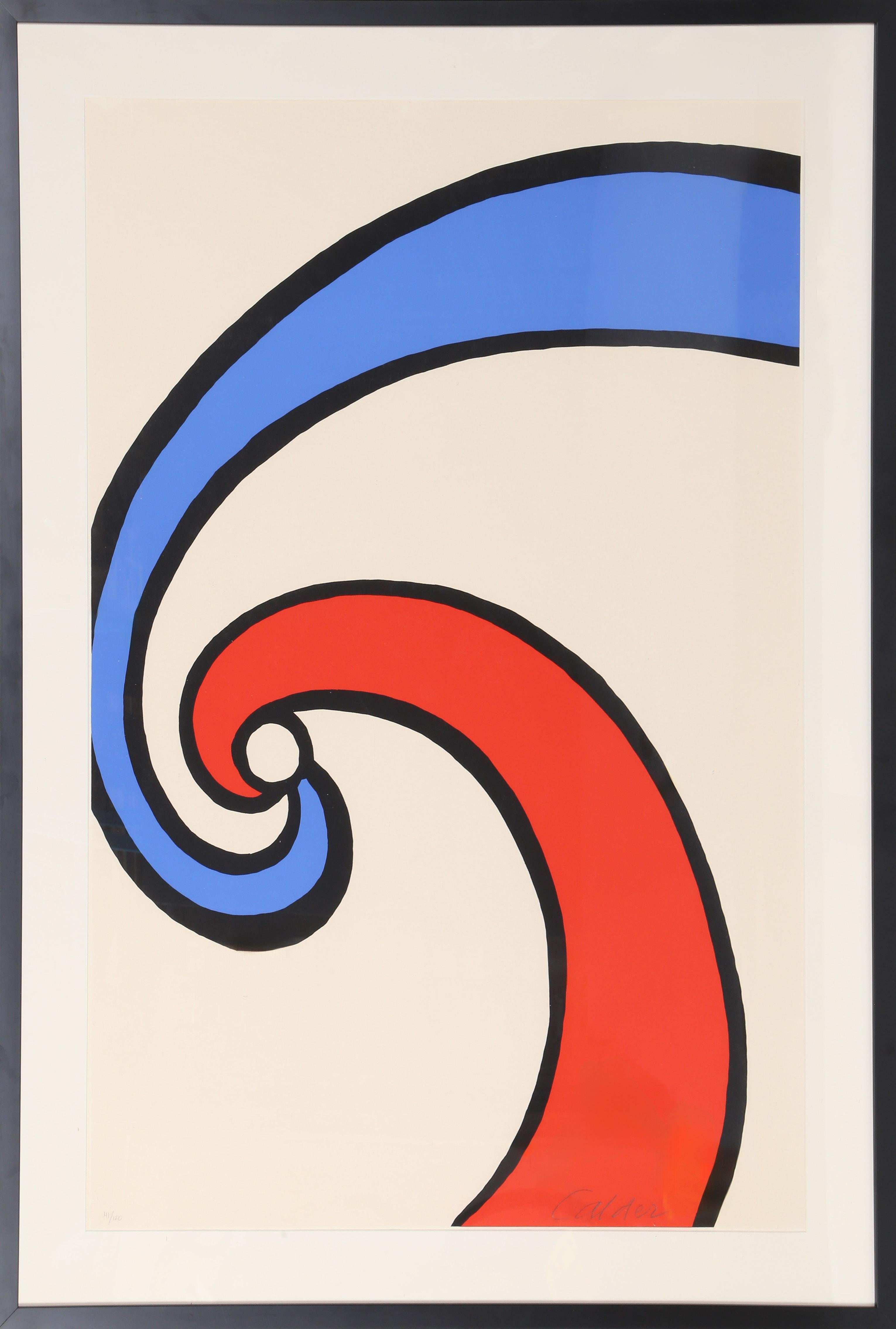 A two-toned spiral composition by American Modern artist Alexander Calder. This print is in Calder’s characteristic style with thick black lines defining flat expanses of color. This framed piece is signed and numbered in pencil by the artist.

Red