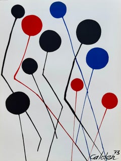 Rote, blaue und schwarze Ballons – Originallithographie, signiert auf dem Teller