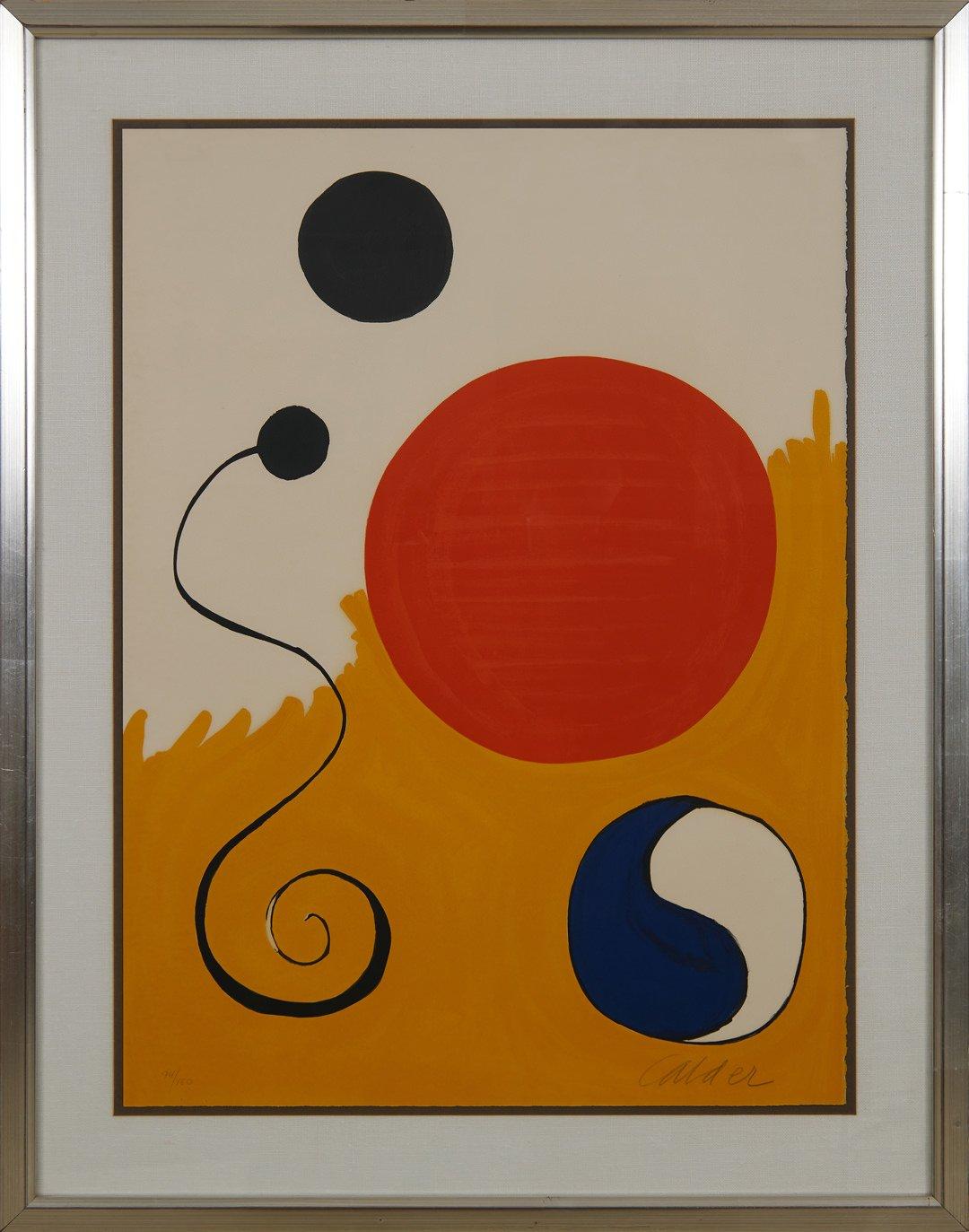 Sphère rouge sur fond jaune, lithographie abstraite moderne du milieu du siècle dernier - Print de Alexander Calder