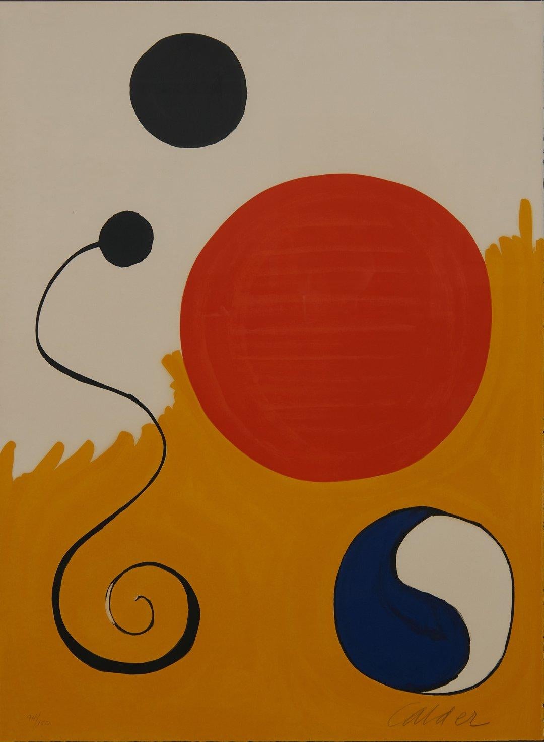 Sphère rouge sur fond jaune, lithographie abstraite moderne du milieu du siècle dernier