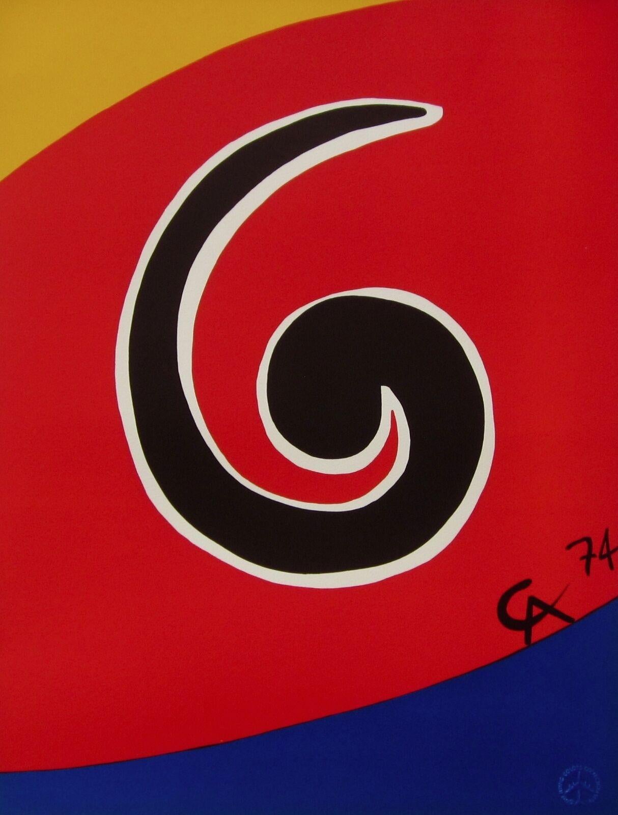 Künstler: Alexander Calder (1898-1976)
Titel: Sky Swirl (aus der Braniff International Airways Flying Colors Collection)
Jahr: 1974
Medium: Lithographie auf Arches-Papier 
Größe: 20 x 26 Zoll
Zustand: Ausgezeichnet
Auflage: 3,000, plus