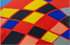 "Soleil Noir, " Colored Lithograph Checkered Landscape signed by Alexander Calder