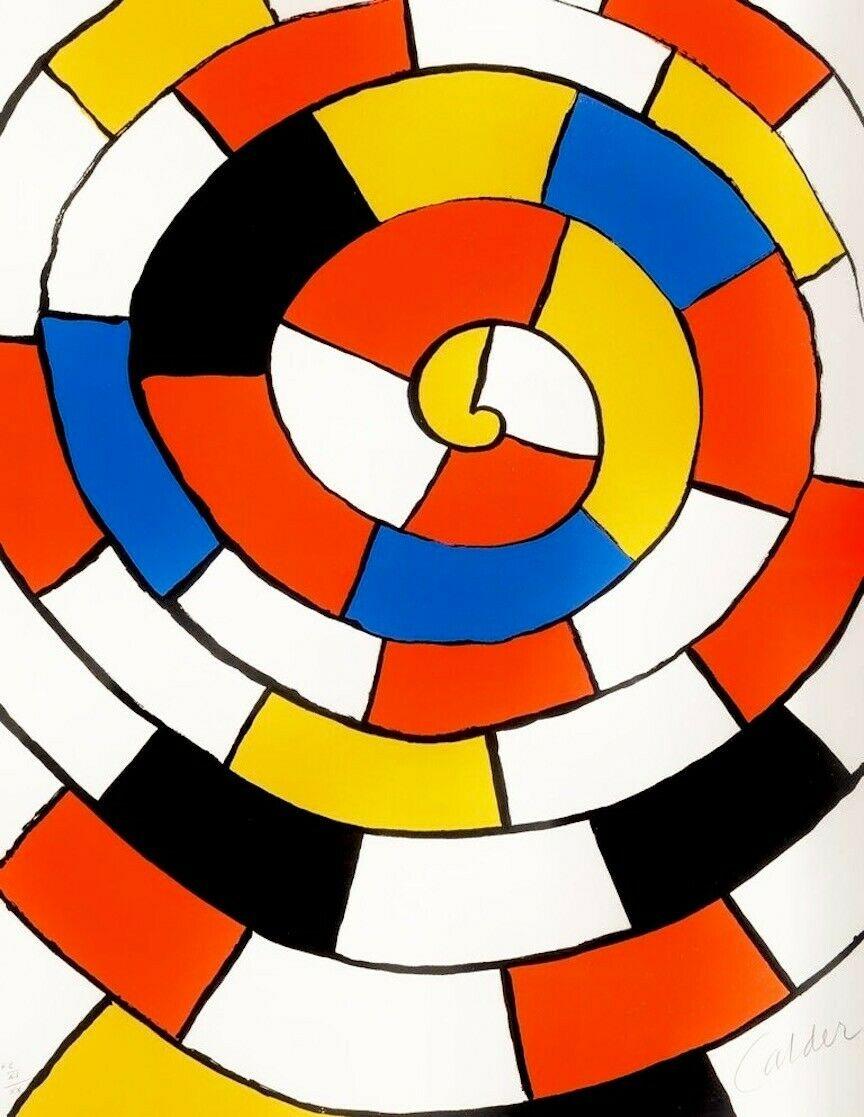 Artist: Alexander Calder (1898-1976)
Title: Spirals (from the Magie éolienne portfolio)
Year: 1972
Medium: Color lithograph on wove paper 
Size: 25.5 x 19.75 inches
Condition: Excellent
Edition: 75, plus proofs
Inscription: Signed and numbered in