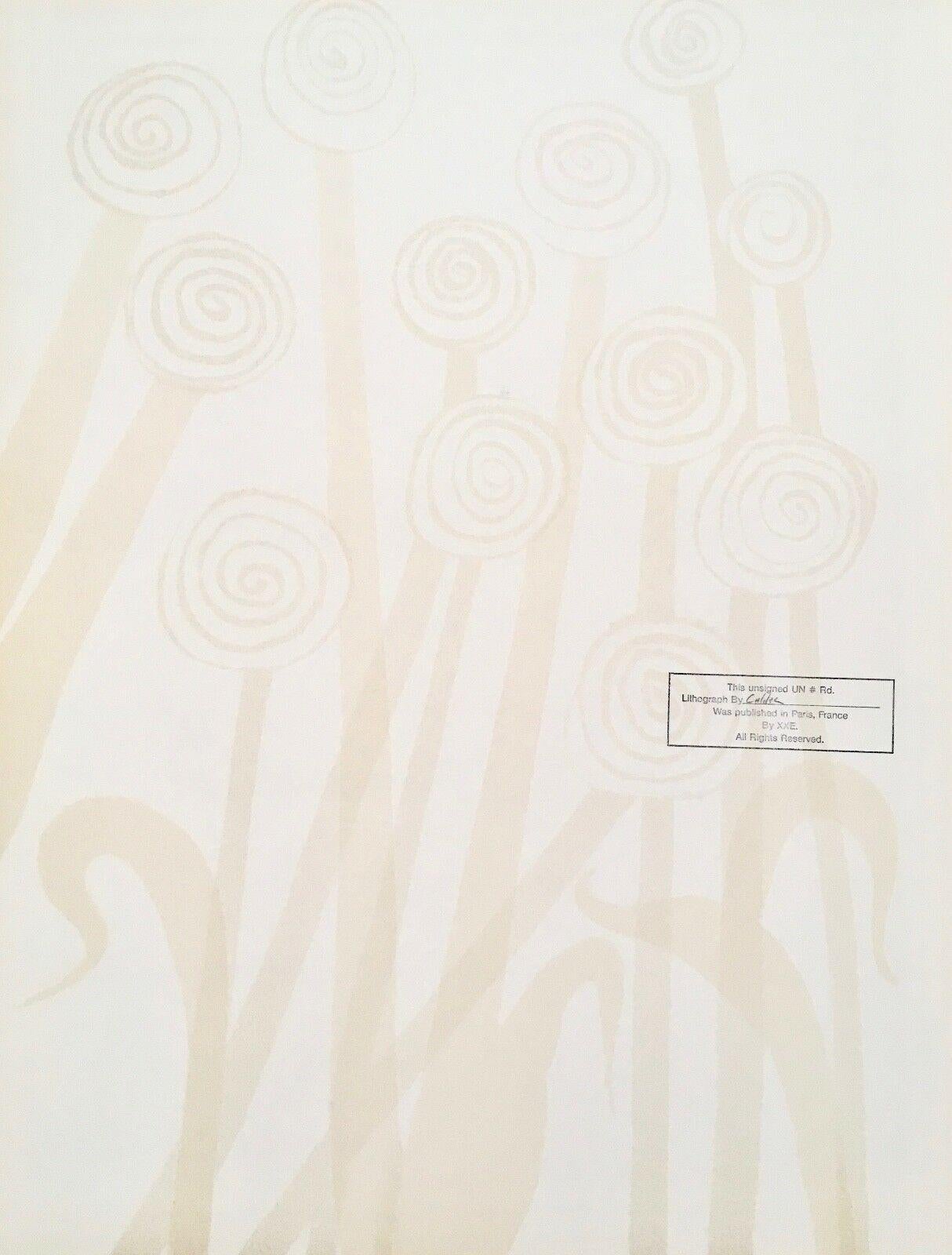 Artist: Alexander Calder (1898-1976)
Title: Untitled (Flowers), from Magie Eolienne Portfolio
Year: 1972
Medium: Lithograph on Arches paper
Edition: 75, plus signed and unsigned proofs
Size: 22.50 x 19.50 inches
Condition: Excellent
Inscription: