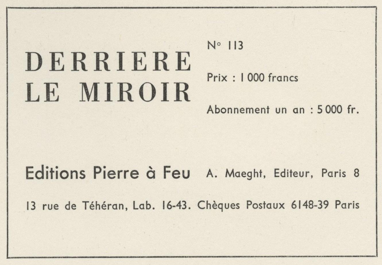 Untitled
Color lithograph, 1959
Unsigned (as issued)
From: Derriere Le Miroir, No. 113, 1959
Publisher: Editions Pierre a Feu
Editor: A. Maeght
Small edition as it appeared in the magazine DLM, today seemingly quite rare
A very early Calder