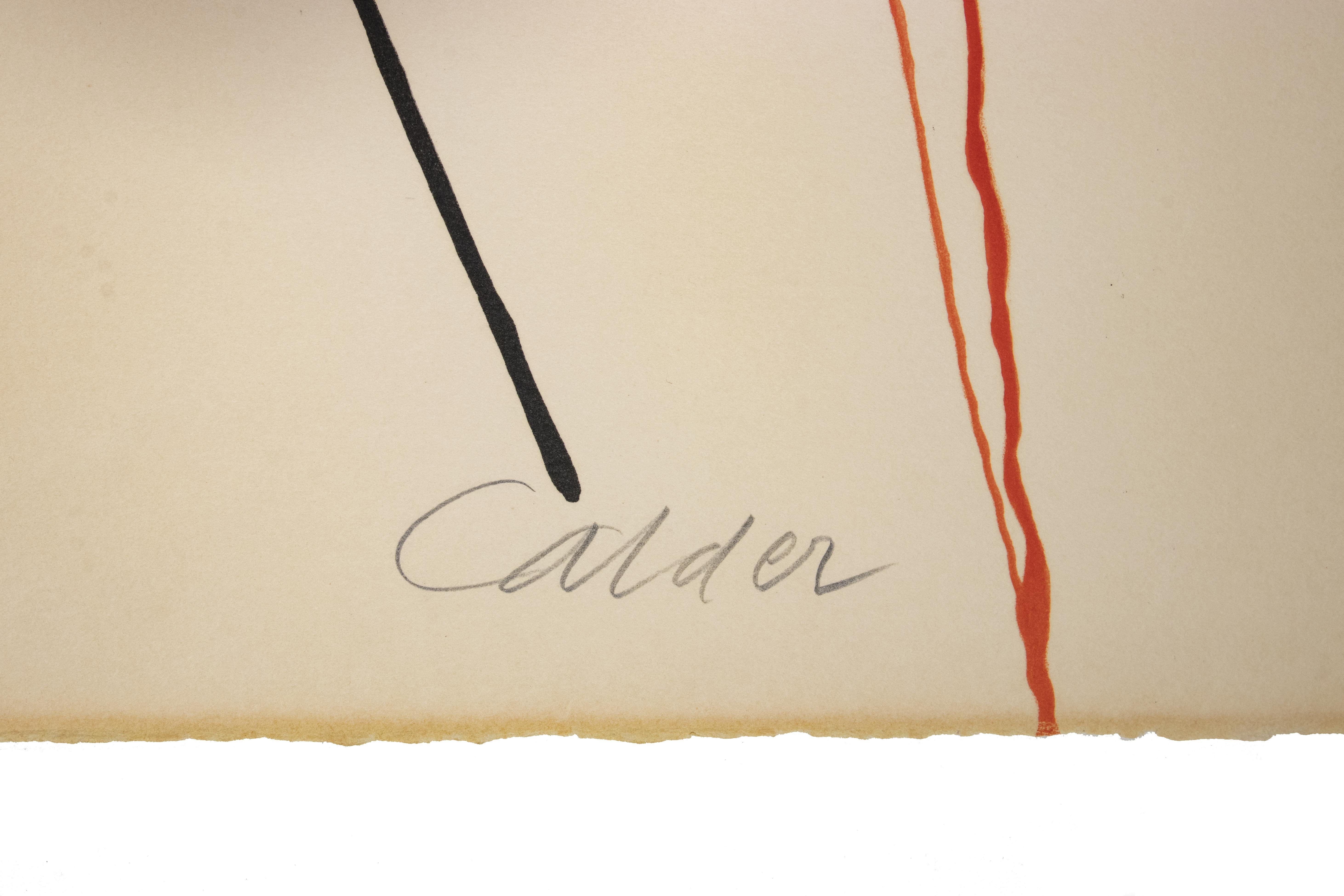 Untitled is an original contemporary artwork realized by Alexander Calder.

Mixed colored lithograph.

Hand signed and numbered on the lower margin.

Edition of 49/125

Good conditions except for a light yellowing of paper along the margin.
