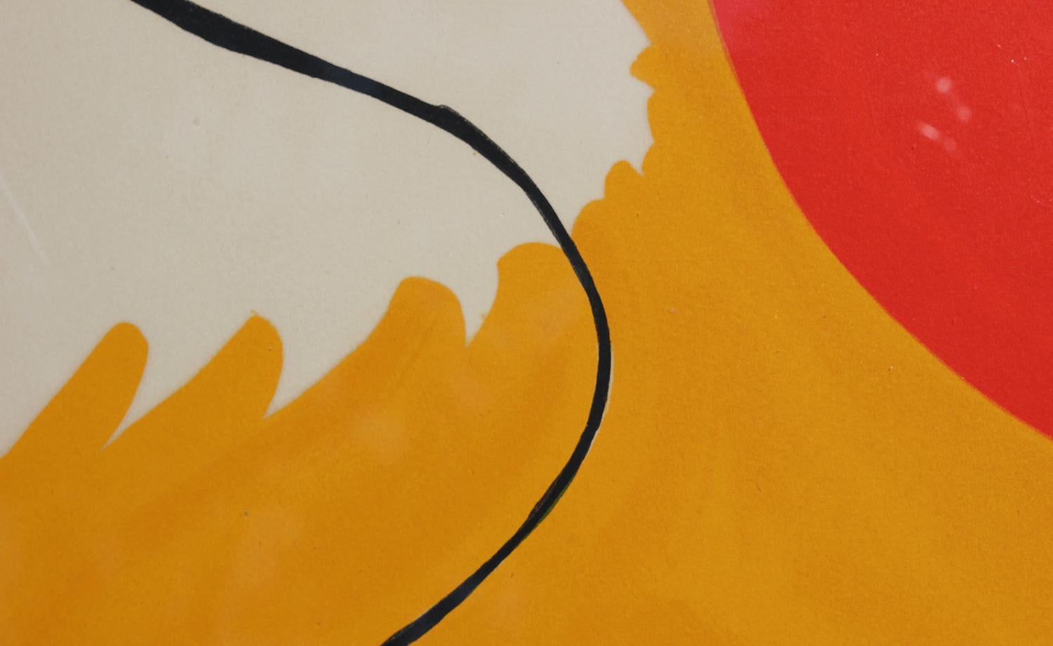 Abstract modern geometric lithograph by renowned artist Alexander Calder. The work features his iconic red, blue, black, and white shapes floating against a white and yellow background. Signed and dated in print in front lower right corner.