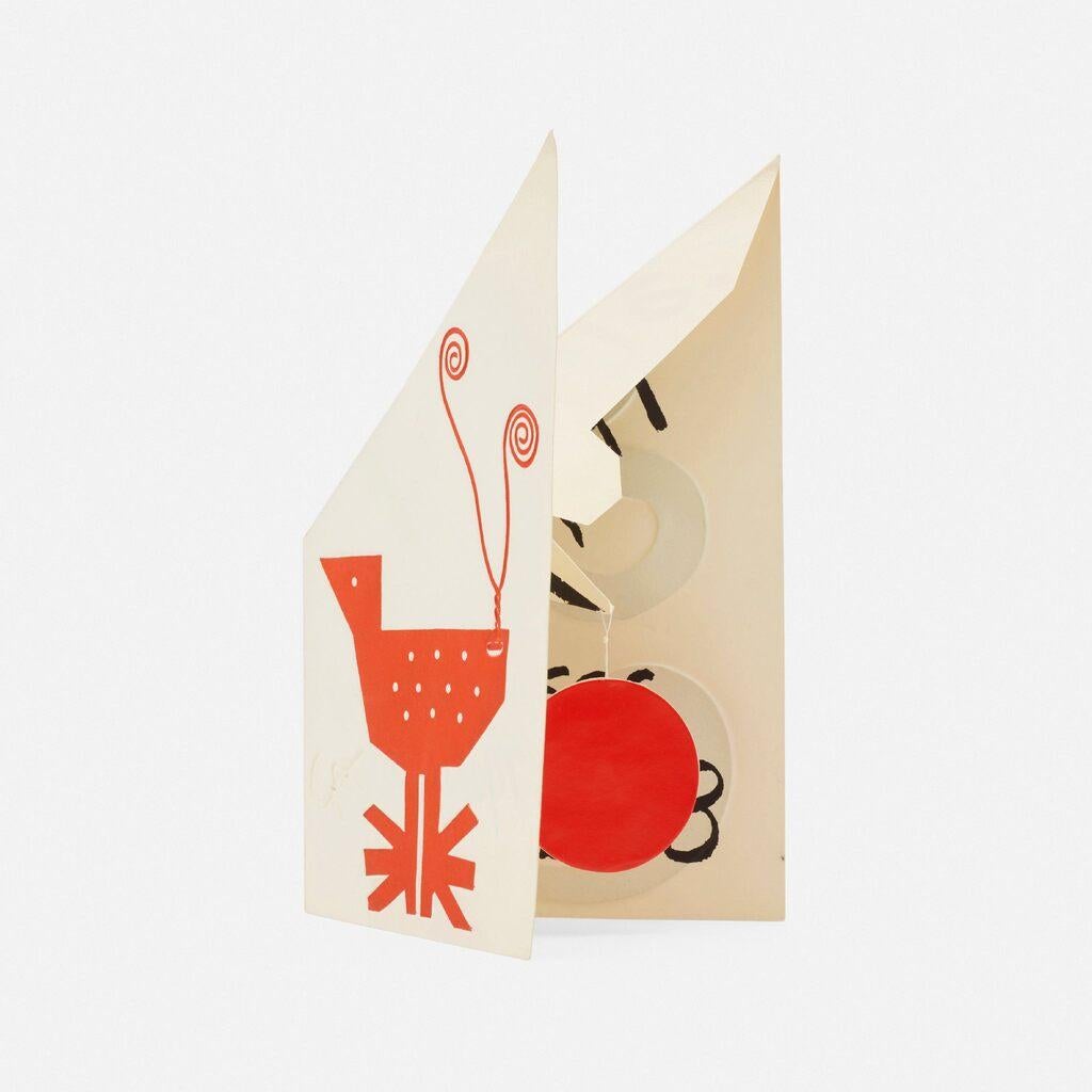 Alexander Calder
rare Maeght sculpted holiday card, 1968
Hand made sculpted paper collage on paper with embossing
Embossed artist's monogram
10 × 7 × 6 1/2 inches

This rare, fold-out holiday card depicts one of the artist's stabile sculptures and